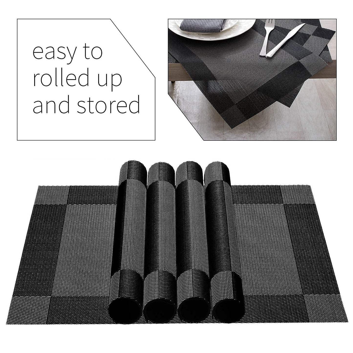 AHHFSMEI Placemats for Dining Table Set of 6 Woven Vinyl Plastic Place Mats Non-Slip Heat Insulation Stain Resistant Table Mats Washable Easy Clean Placemats (Black Corner)