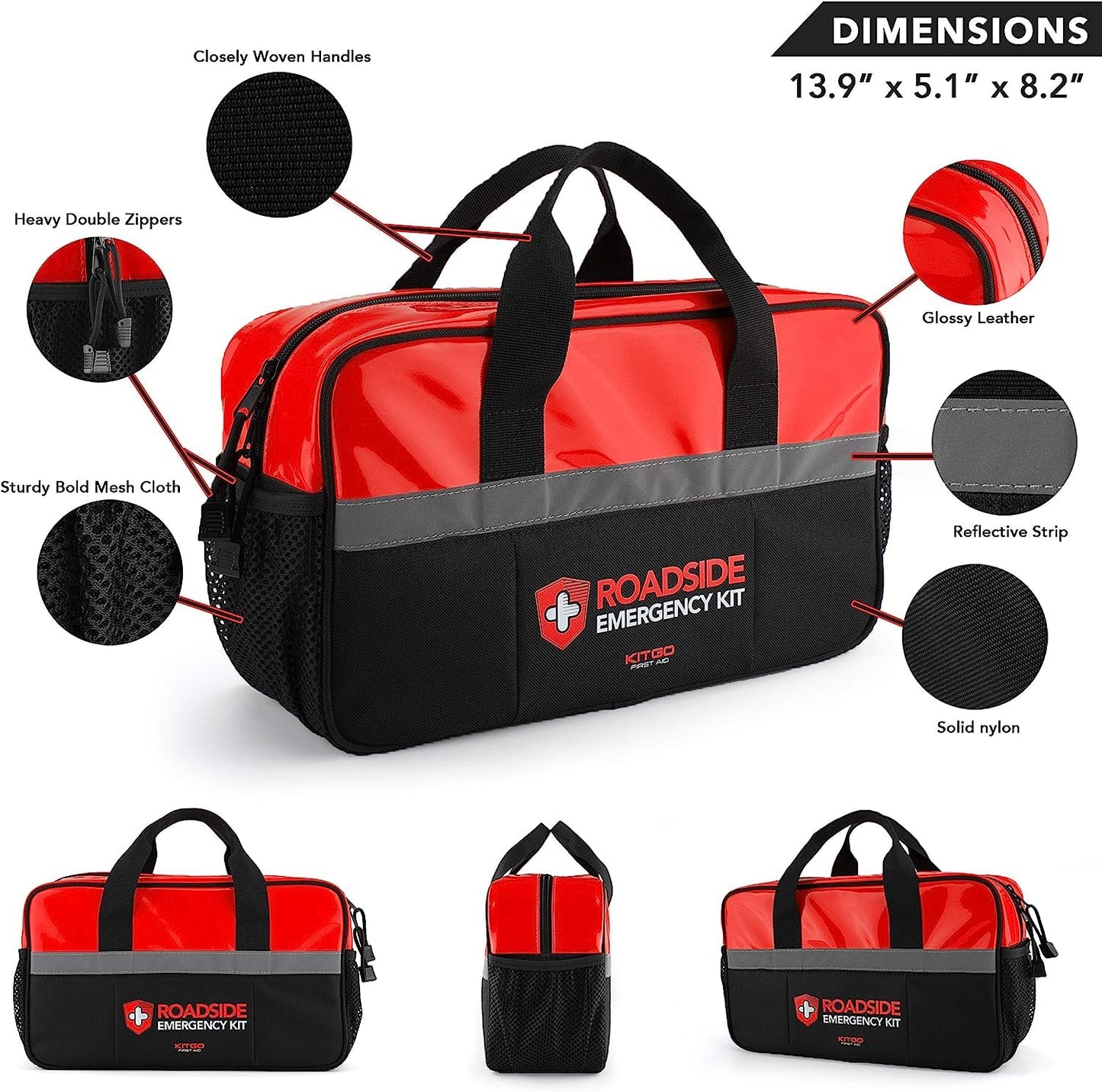 Kitgo Car Emergency Kit,Premium Roadside Assistance Essentials with Jumper Cables, Flashlight, Shovel, Screwdriver Set - Ideal Auto Road Safety Kit, Survival, Truck, RV and More Gift for Father (Red)