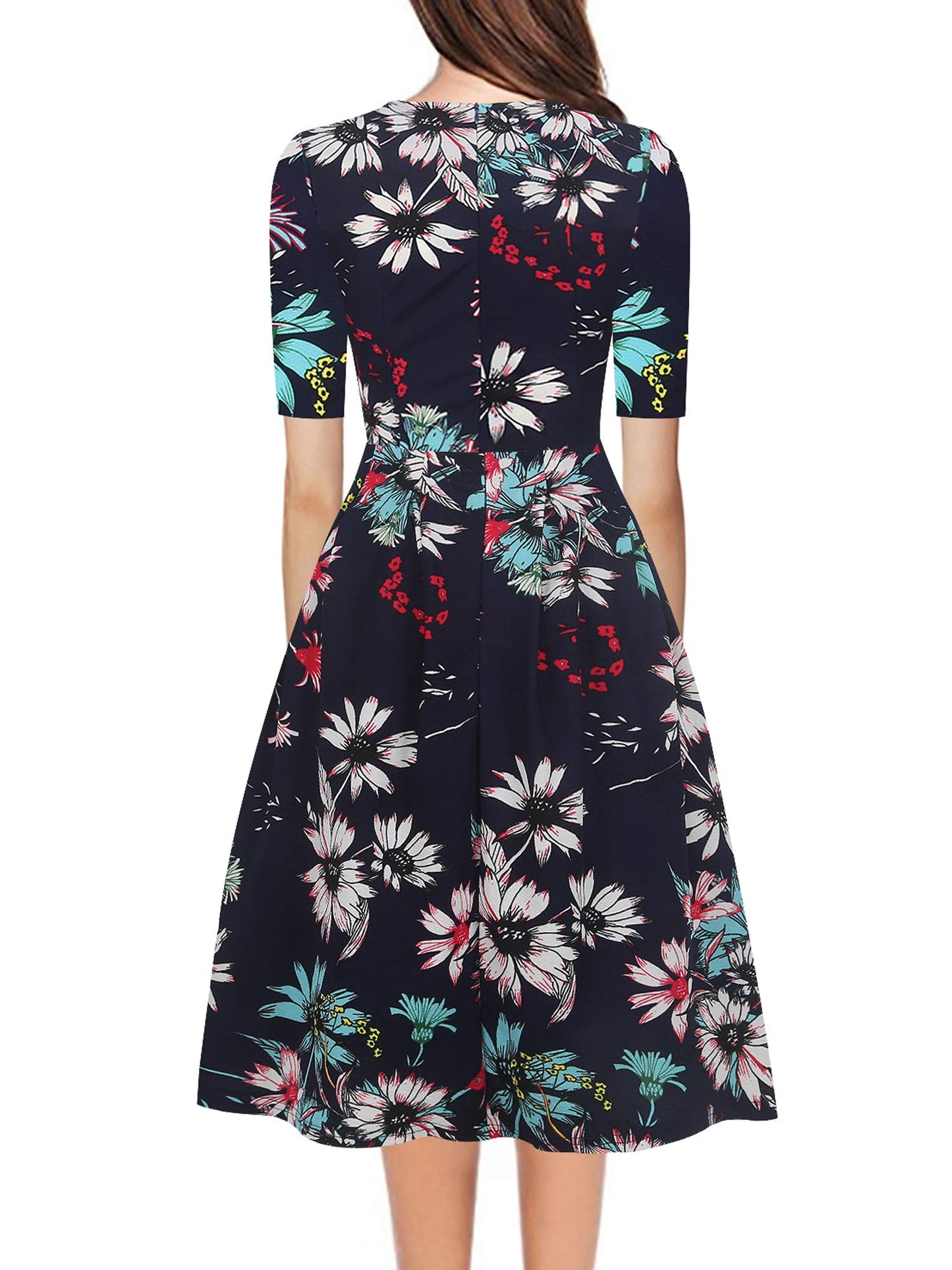 oxiuly Womens Half Sleeve Elegant Vintage Dress Casual Fit and Flare Church Wedding Guest Work Dresses with Pockets OX165 (Navy Blue F, m)