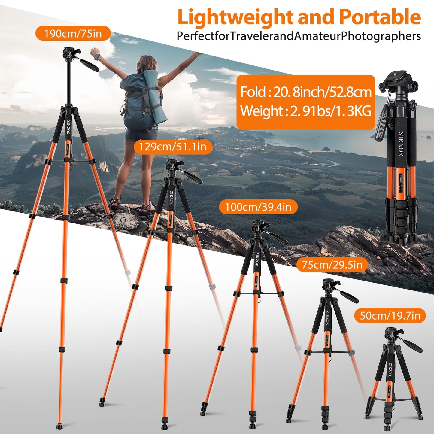 75inch Camera Tripod for ipad iPhone, Heavy Duty Aluminum Tripod with 360° Panoramic Ball Head,Compatible with Canon/Nikon/Sony DSLRs (Load 15 lbs for Travel/Live Streaming/Macro Shooting)