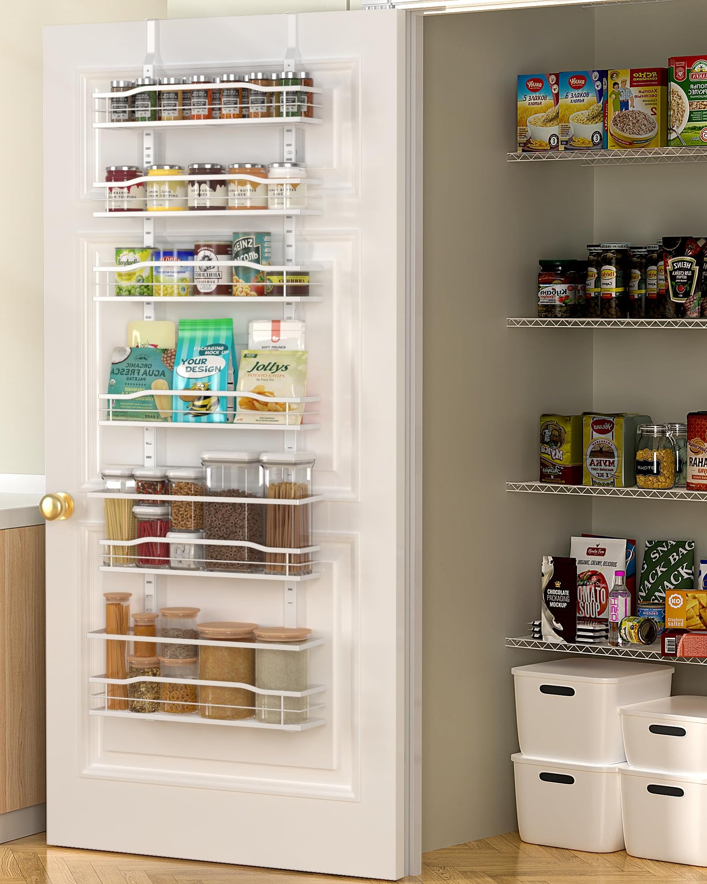 Moforoco White 6-Tier Over Door Pantry Organizer, Pantry Organization Storage, Door Metal Hanging Spice Rack Basket Shelves, Home Kitchen Apartment Essentials, Laundry Room Bathroom Organization