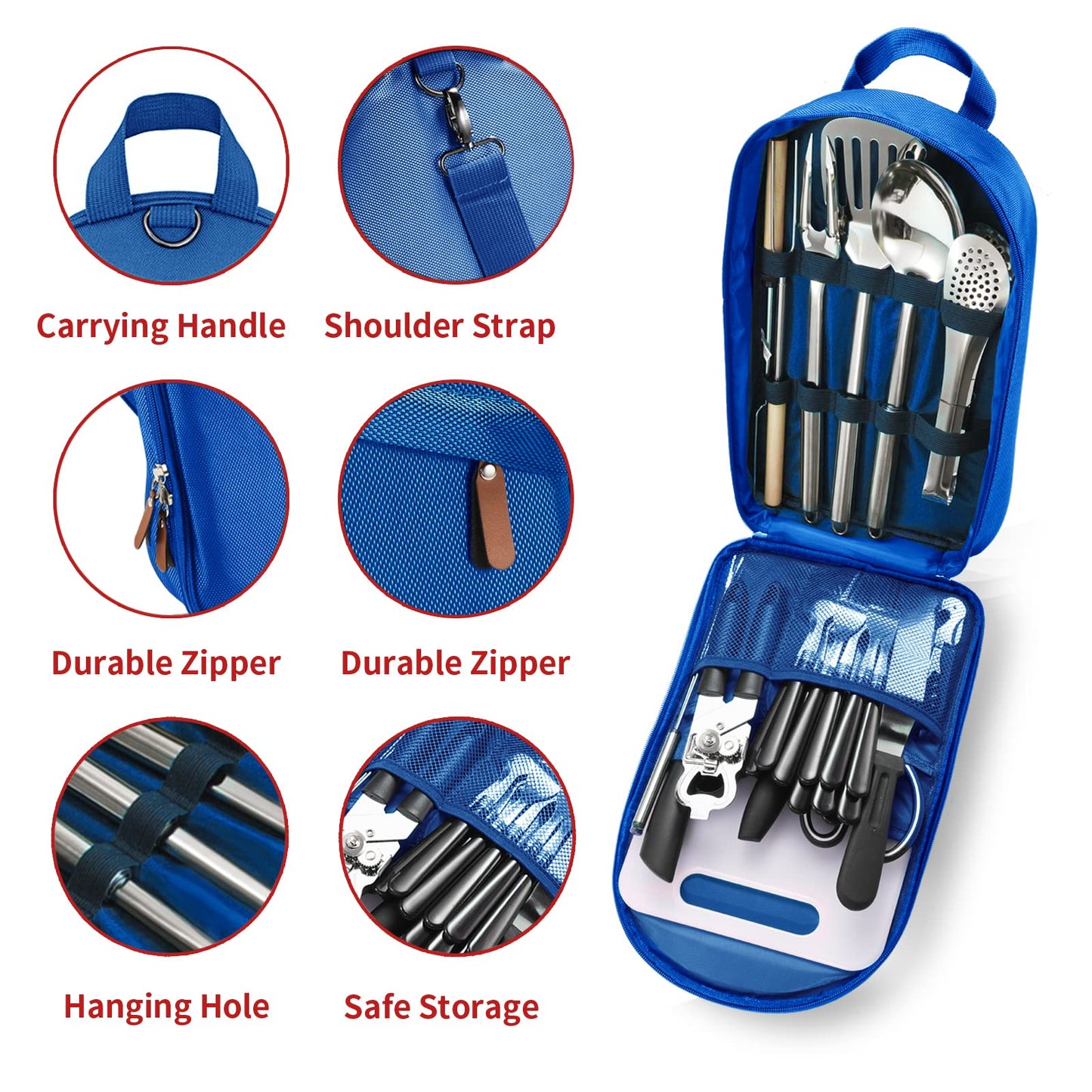 Portable Camping Kitchen Utensil Set-27 Piece Cookware Kit, Stainless Steel Outdoor Cooking and Grilling Utensil Organizer Travel Set Perfect for Travel, Picnics, RVs, Camping, BBQs, Parties and More