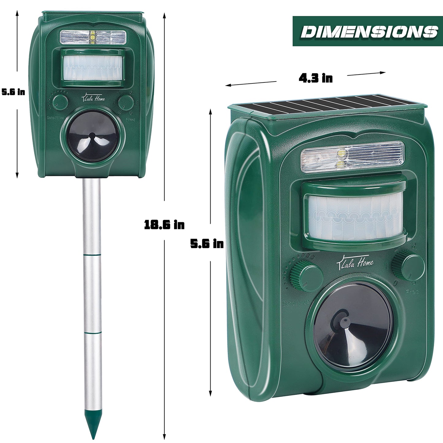 Lulu Home 2 Packs Ultrasonic Animal Repeller, Weatherproof Solar Powered Rodent Repeller with Motion Activated Flashing LED Light, Repel Dogs, Cat, Squirrels, Raccoon, Rabbit, Fox & More