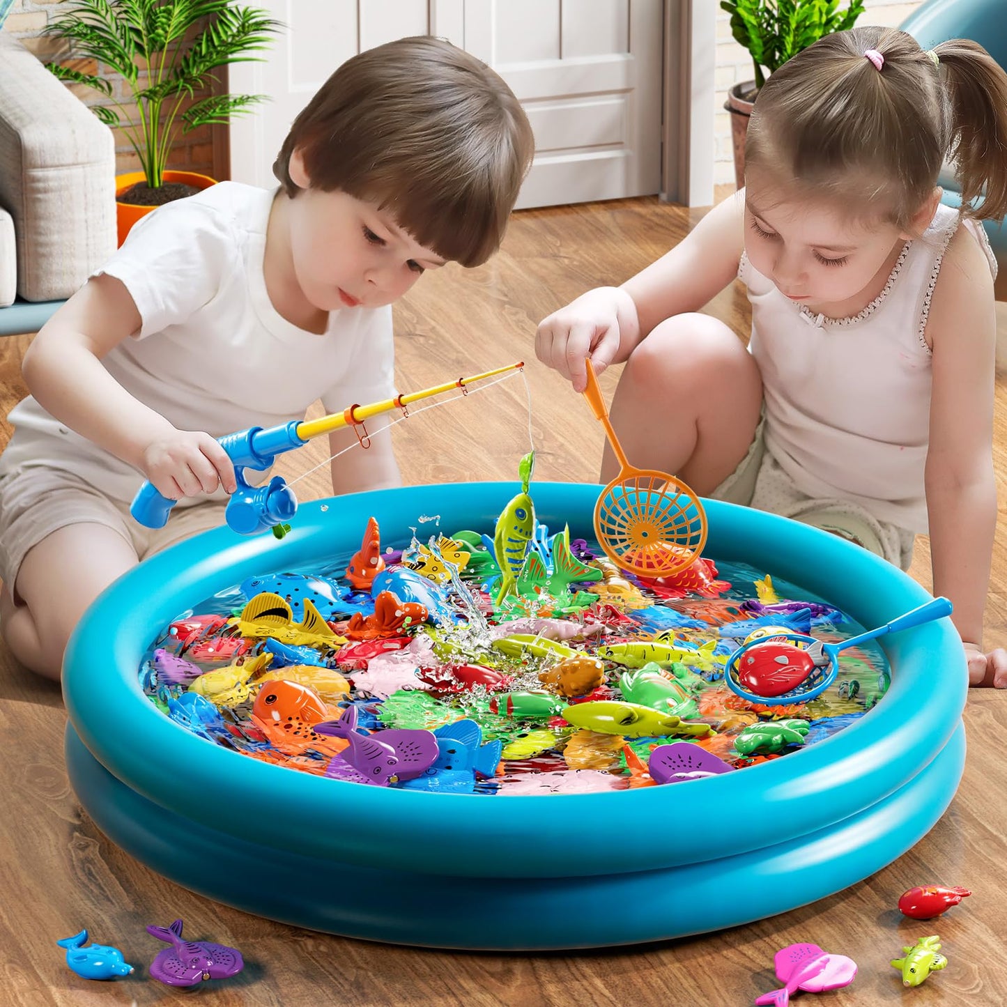NIPLOOOW Pool Fishing Toys Games, Water Table Bathtub Toy with Inflatable Pool Pole Rod Net Plastic Floating Fish, Birthday Gifts for Kids Age 3 4 5 6 Year Old,Kids Outdoor Toys