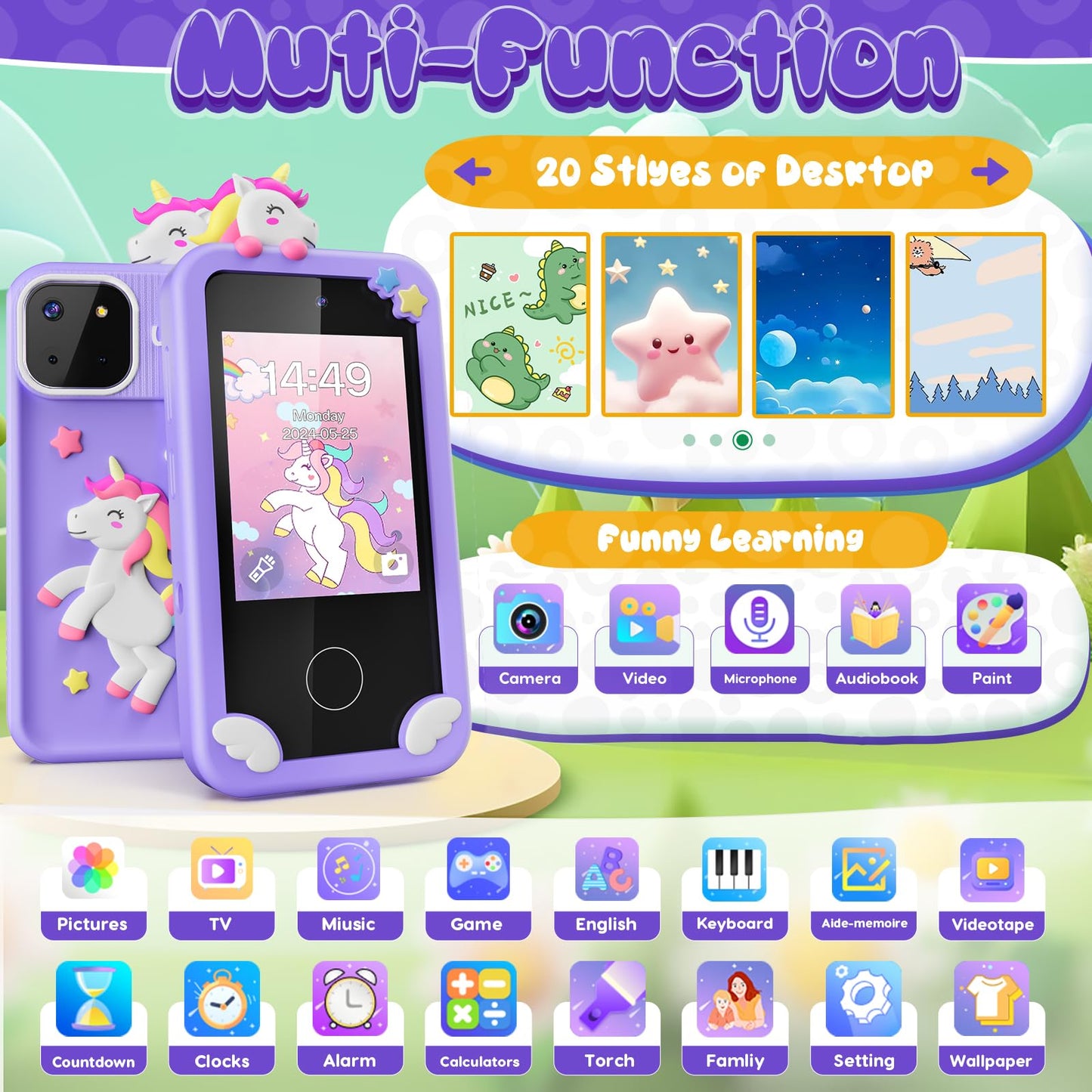 Luyiilo Kids Smart Phone Toys for Girls,Unicorn Gift Toys for Girls Ages 3-9 Christmas Birthday Gifts Mini Smart Phone Toys With 2.8" Touchscreen 16 Learning Games Dual Camera Music Player, 8G SD Card