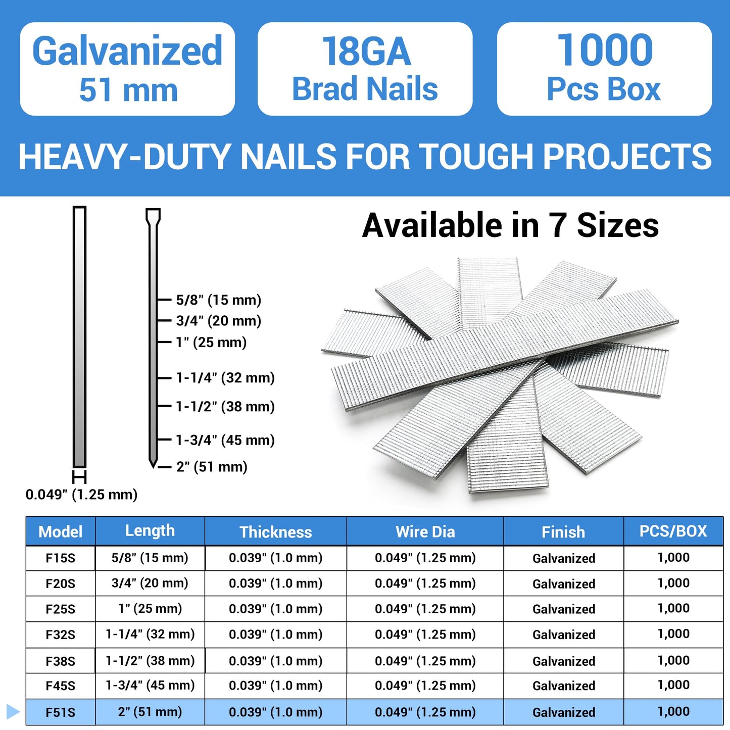 meite 18 Gauge Brad Nails, 2 Inch 18GA Brad Nails Galvanized Small Finishing Nail Gun Nails for Pneumatic, Electric Brad Nailer Gun (1,000 Counts)