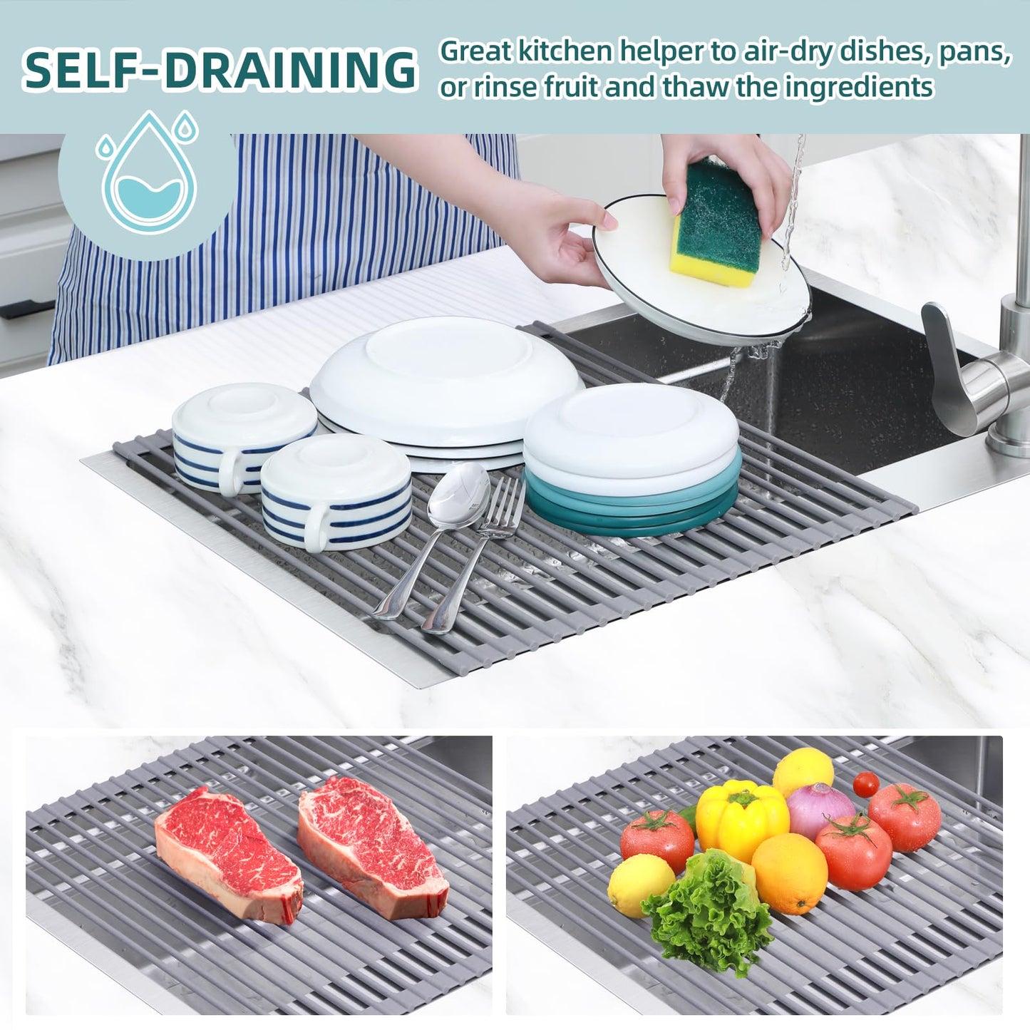 Ohuhu Over Sink Dish Drying Rack, Silicone Wrapped 17.6" W x 15.4" L Large Over The Sink Roll Up Dish Drainer - Foldable Sink Drying Rack Rolling Drain Mats Anti-Slip Multipurpose for Kitchen Counter