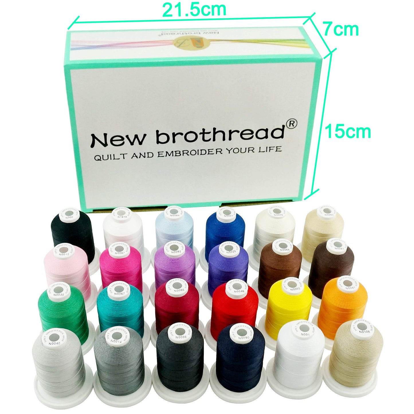 New brothread - 18 Options - Multi-Purpose 100% Mercerized Cotton Threads 50S/3 600M(660Y) Each Spool for Quilting, Serger, Sewing and Embroidery - 24 Basic Colors