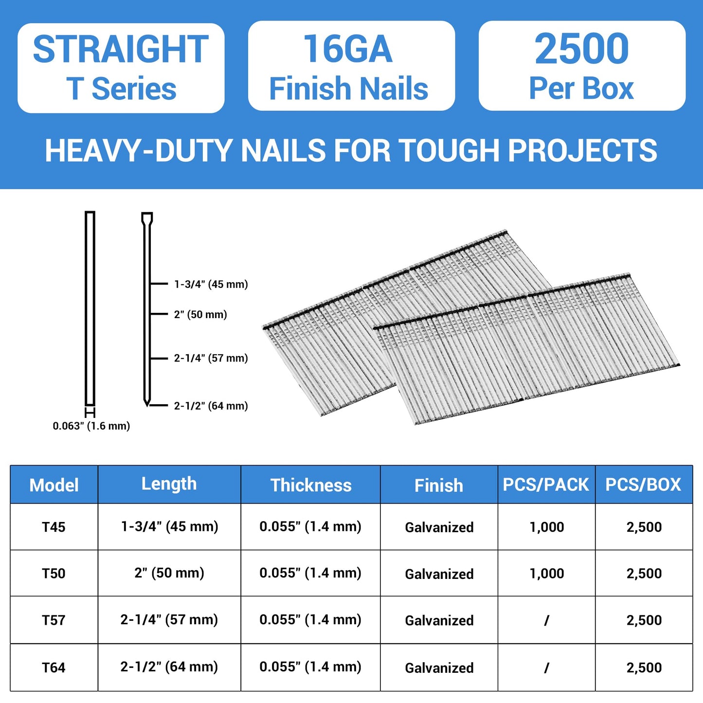 meite 16 Gauge Finish Nails, 2-Inch Galvanized 16GA Finish Nails, Small Straight Finishing Nail, Ideal for Woodworking, Upholstery, and Framing Projects (2,500 Counts)