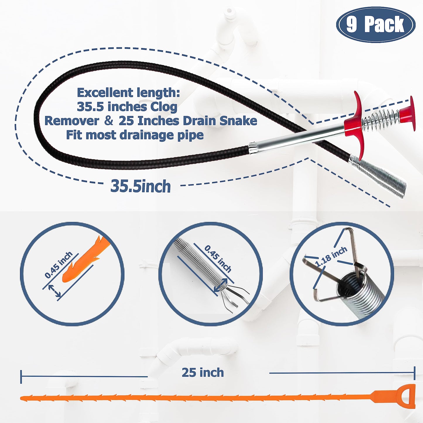 35.5inch Drain Clog Remover(1pcs), 25inch Drain Snake Hair Remover(6pcs) & Cleaning Brush(2pcs), Hair Catcher Drain Auger Cleaner Tool Set For Toilet, Kitchen Sink, Bathroom Tub, Sewer, 9 Pack