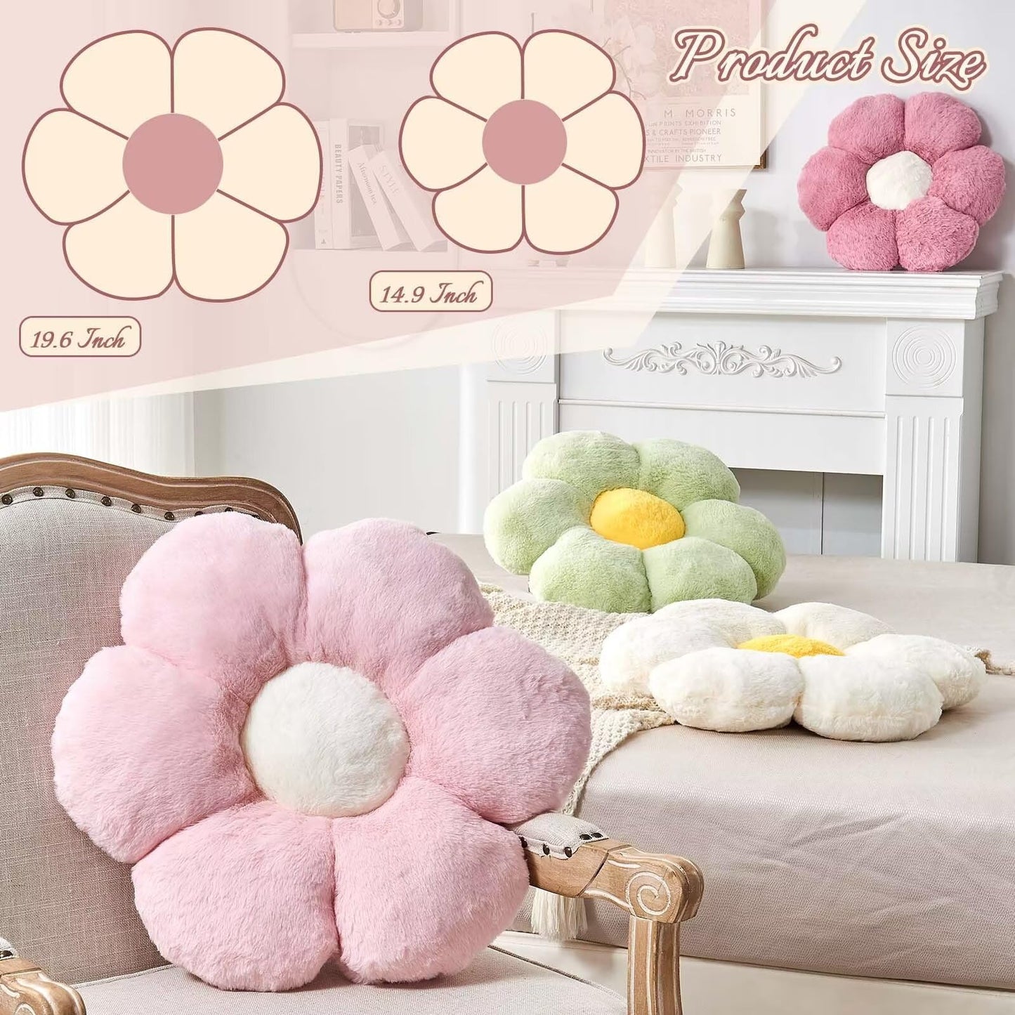 Kcvvcr Pink Flower Pillow, Cute Decorative Flower Shaped Throw Pillow with Faux Rabbit Fur, 14.9" Soft Flower Plush Throw Pillow Floor Pillows Room Décor for Bedroom Living Room