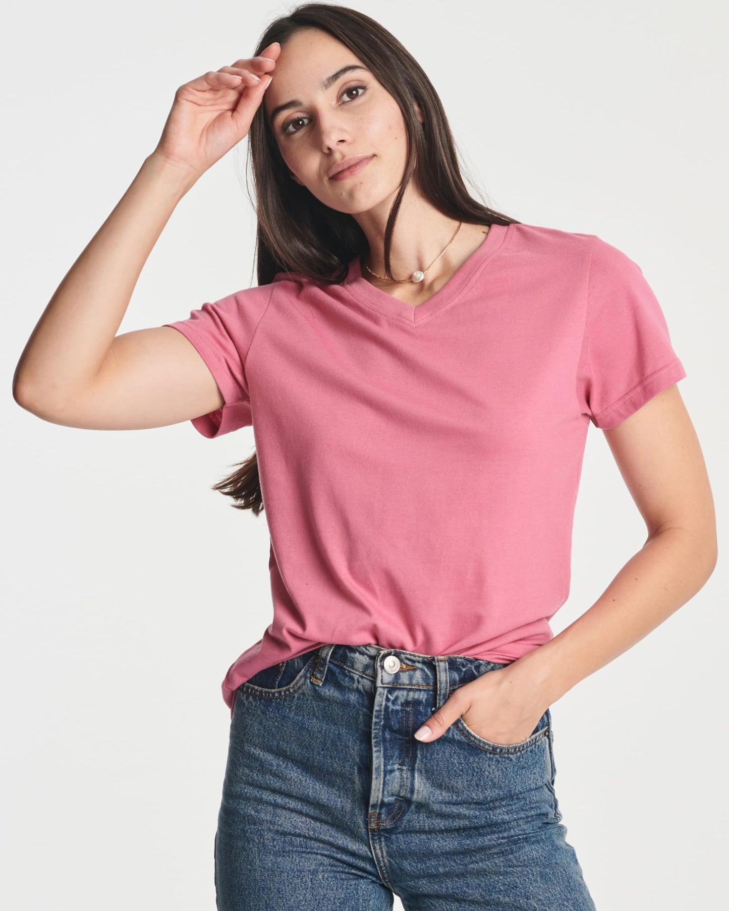 Real Essentials 4 Pack: Women's Classic-Fit Cotton Short-Sleeve V-Neck T-Shirt (Available in Plus Size)