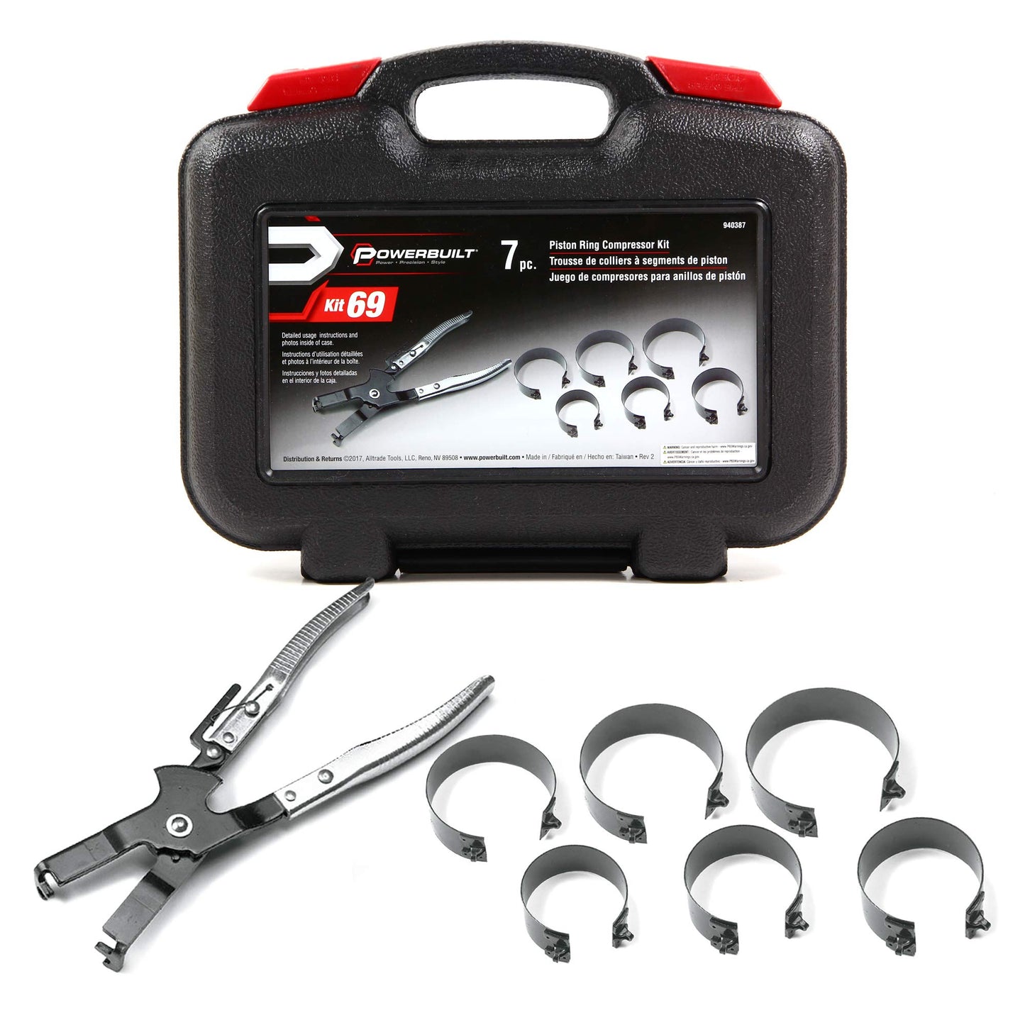 Powerbuilt Piston Ring Compressor Tool Set for Car Engine, Vehicle Maintenance Clamps, Ratchet Pliers, Storage Case - 940387