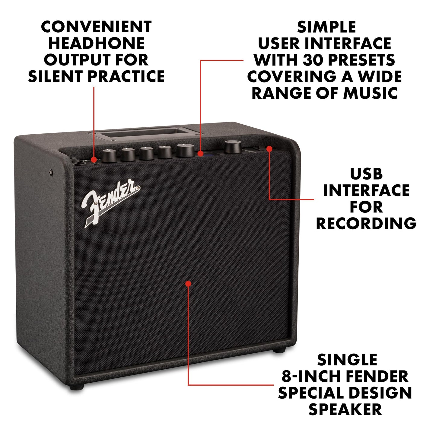 Fender Mustang LT25 Guitar Amp, 25-Watt Combo Amp, with 2-Year Warranty, 30 Preset Effects with USB Audio Interface for Recording