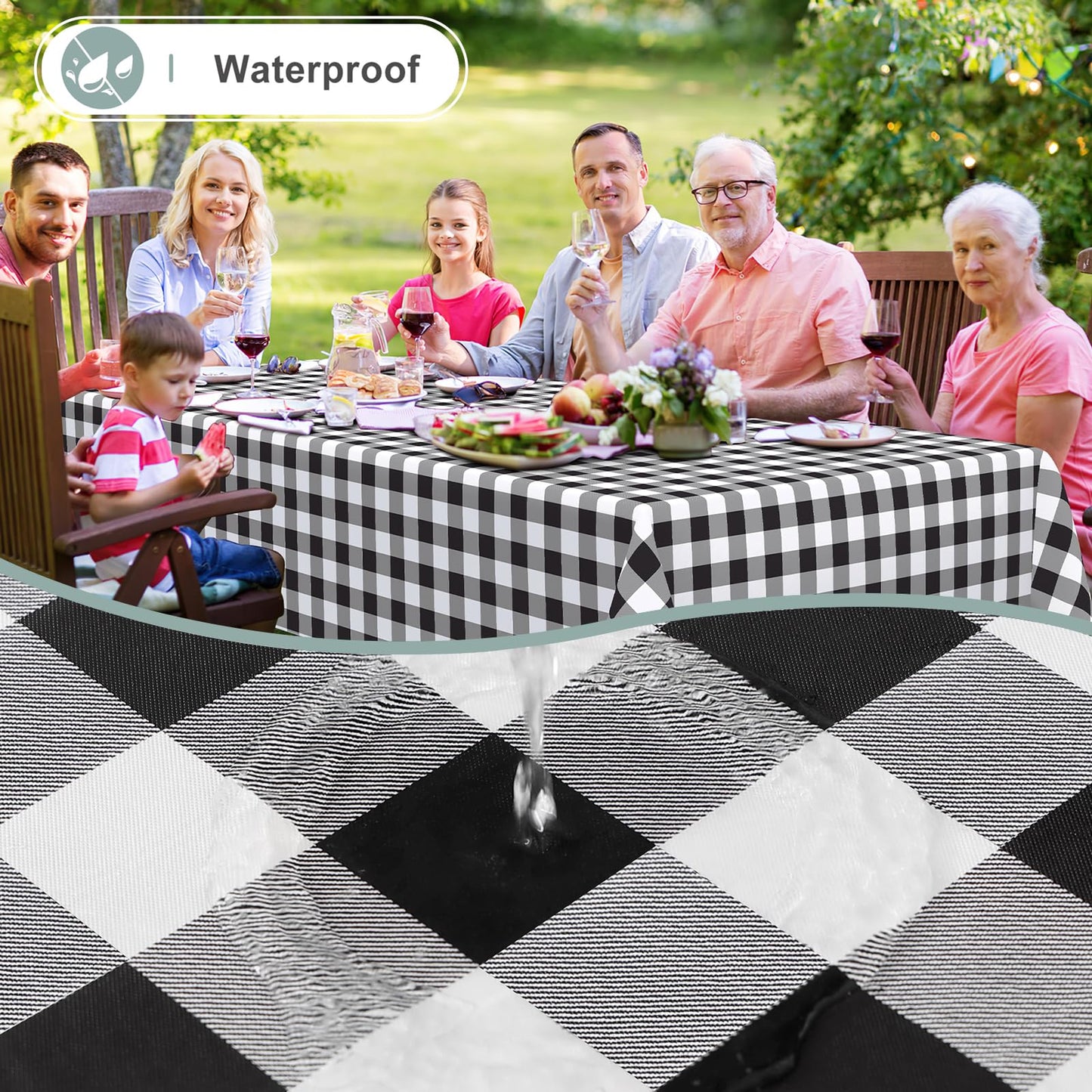 misaya Rectangle Waterproof Vinyl Table Cloth, Buffalo Flannel Backed Tablecloth, Wipeable Plastic Table Cover for Dinner, Kitchen, Outdoor (60" x 84", Black and White)