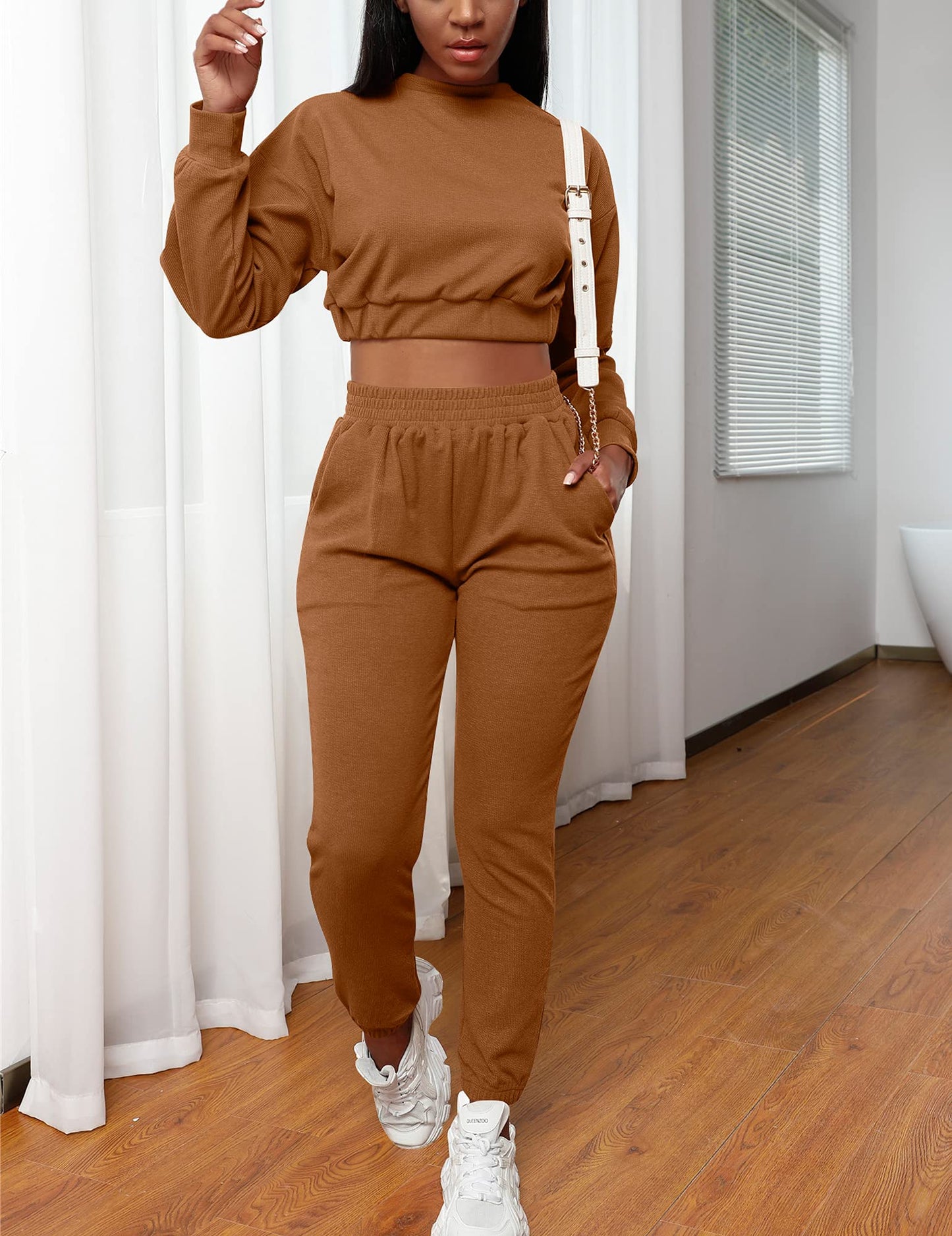 Mizoci Women's 2 Piece Outfits Lounge Jogger sets Long Sleeve Crop Top Pant Sweat Suit Tracksuit,Large,Coffee