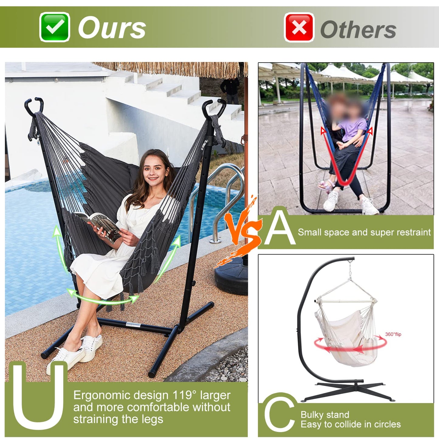 Hammock with Stand Phone Holder Included Double Hanging Chair Macrame Boho Handmade Adjustable Swing Indoor Outdoor Patio Yard Garden Porch 400lbs Capacity (2022 Grey)