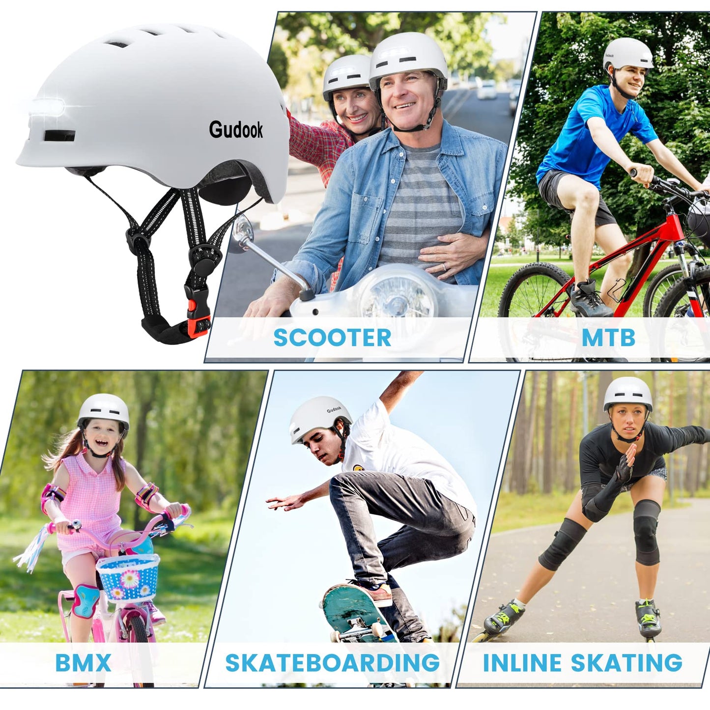 Gudook Adult Bike Helmet with Light - Bicycle Helmets Men - Women - Front and Back LED Lights Adjustable Cycling Helmet for Urban Commuter Biking Scooter