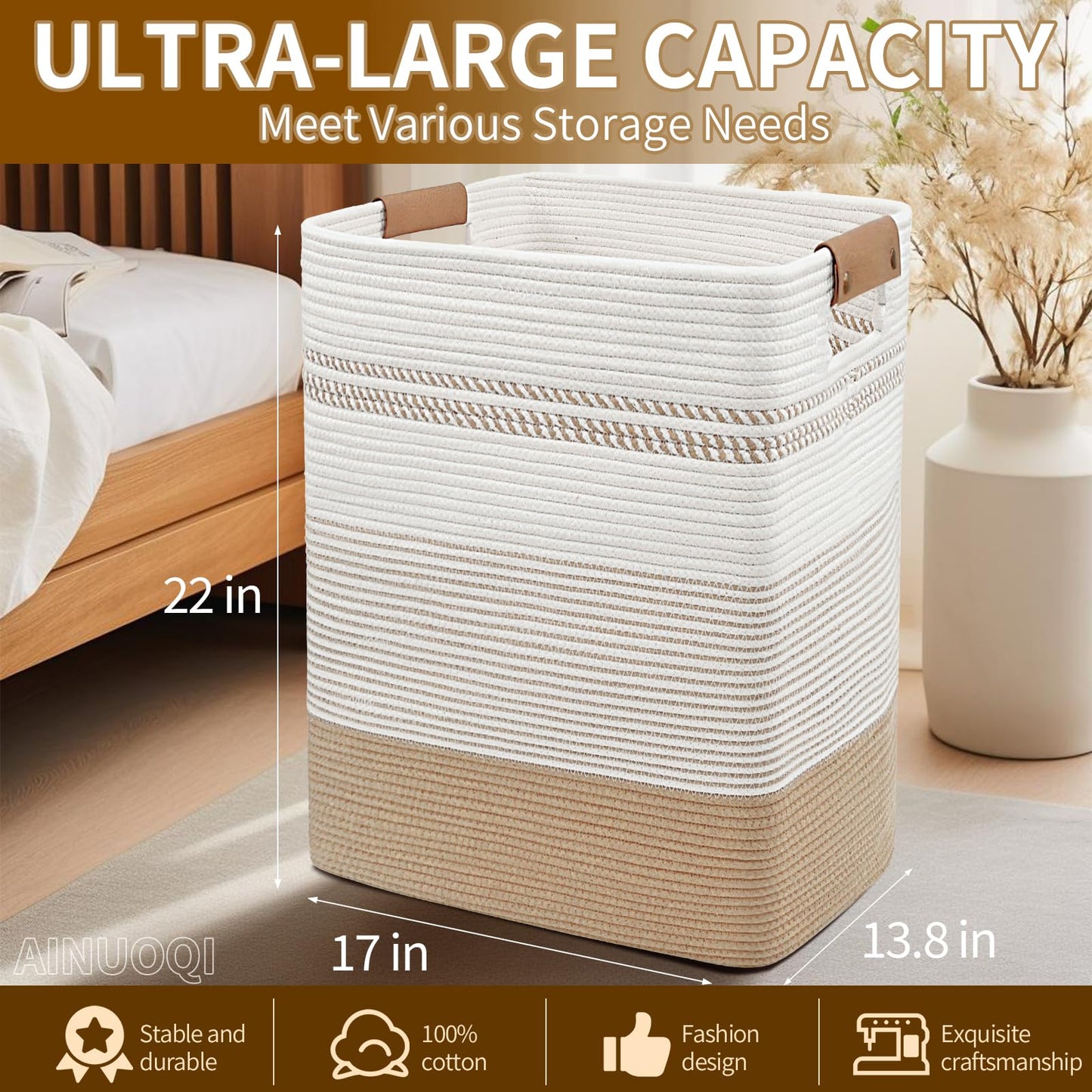 AINUOQI Laundry Hamper - 85L Large Laundry Basket with Leather Handles, Decorative Storage Basket for Blankets - Cotton Rope Woven Baskets for Storage, Clothes Hamper for Living Room, Jute & White