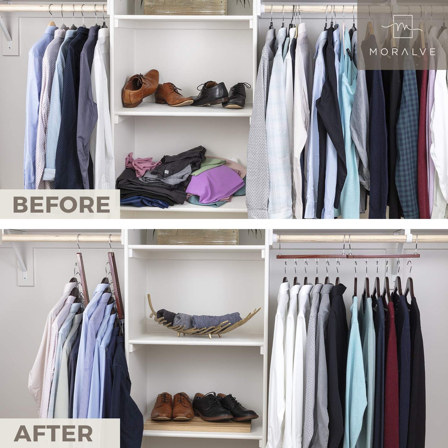 MORALVE Space Saving Hangers for Closet – 4 Pack European Beechwood 6-Tier Shirt Organizer with 360° Swivel Hook – Collapsible Clothes Hanger for Closet Organization (Hangers Not Included)