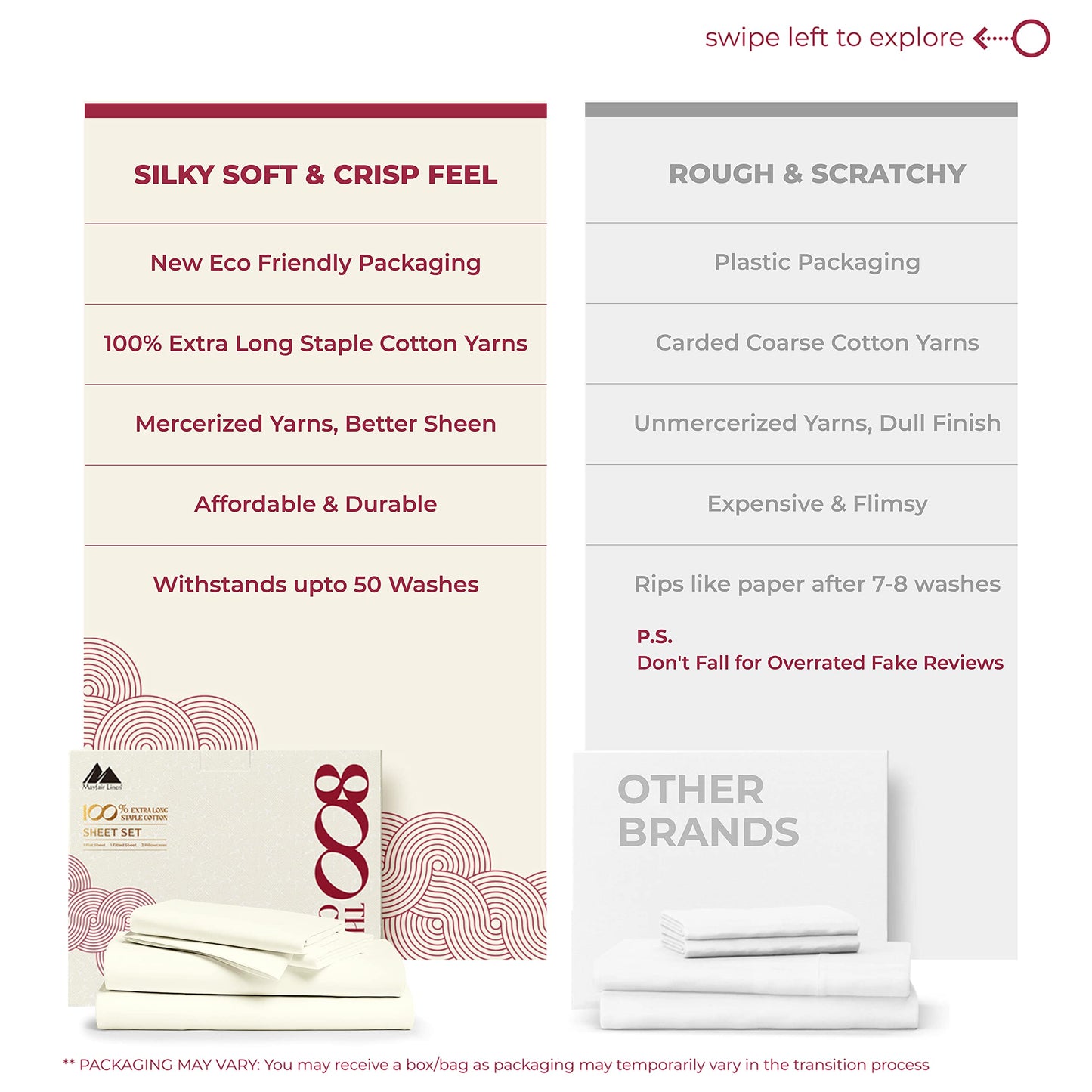 Mayfair Linen 100% Egyptian Cotton Sheets King Size - 800 High Thread Count Sheets King, 4 PC Luxury Hotel King Size Sheets Set, 16" Deep Pocket Sateen Weave Extra Soft Cooling Bed Sheet Sets, Ivory