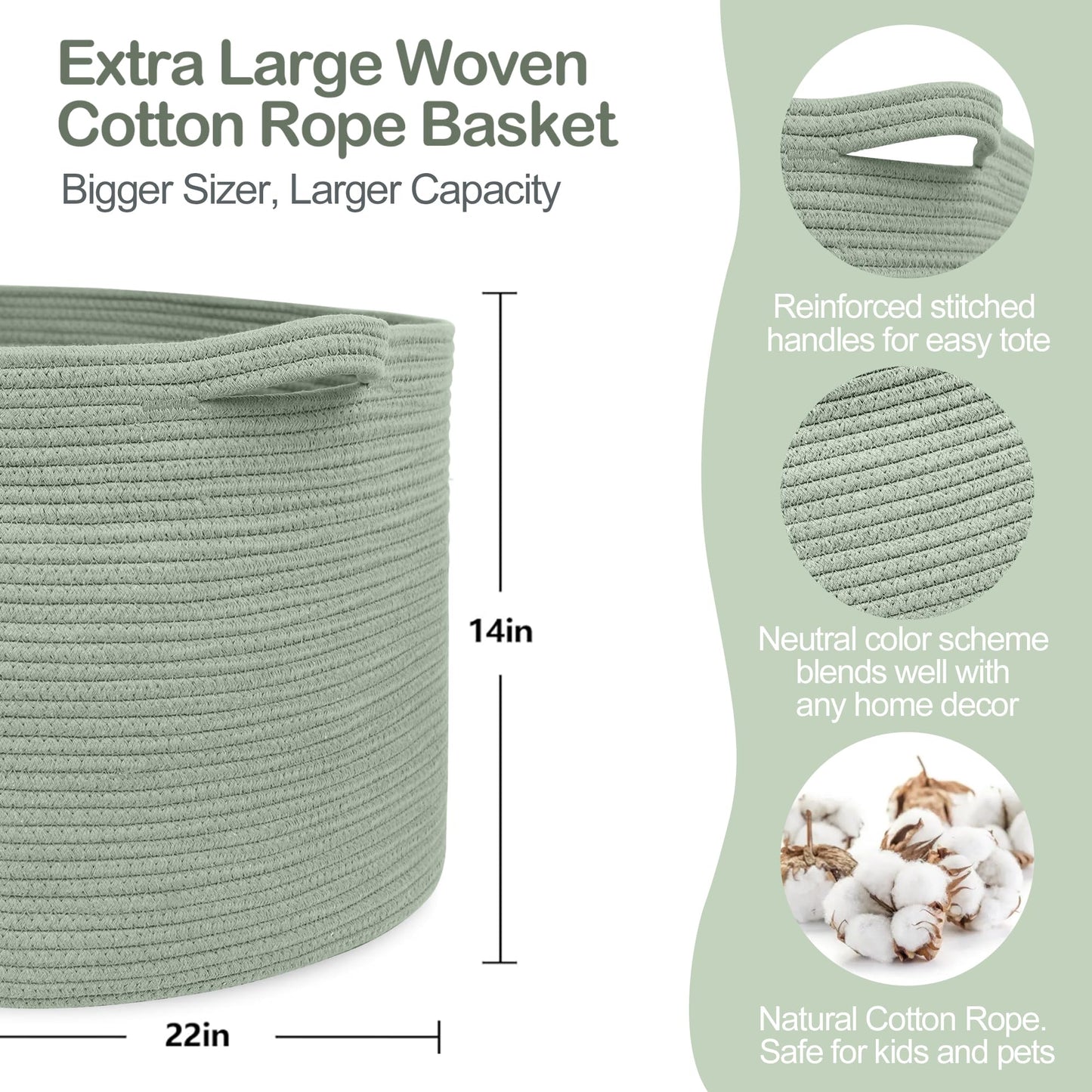 MEGASKET Extra Large Green Basket, 22" X 22" X 14" Woven Cotton Rope Baskets for Blankets, Nursery Wicker Laundry Basket, Kids Toy Storage Bin, Green Living Room Office Decor Baskets for Organizing