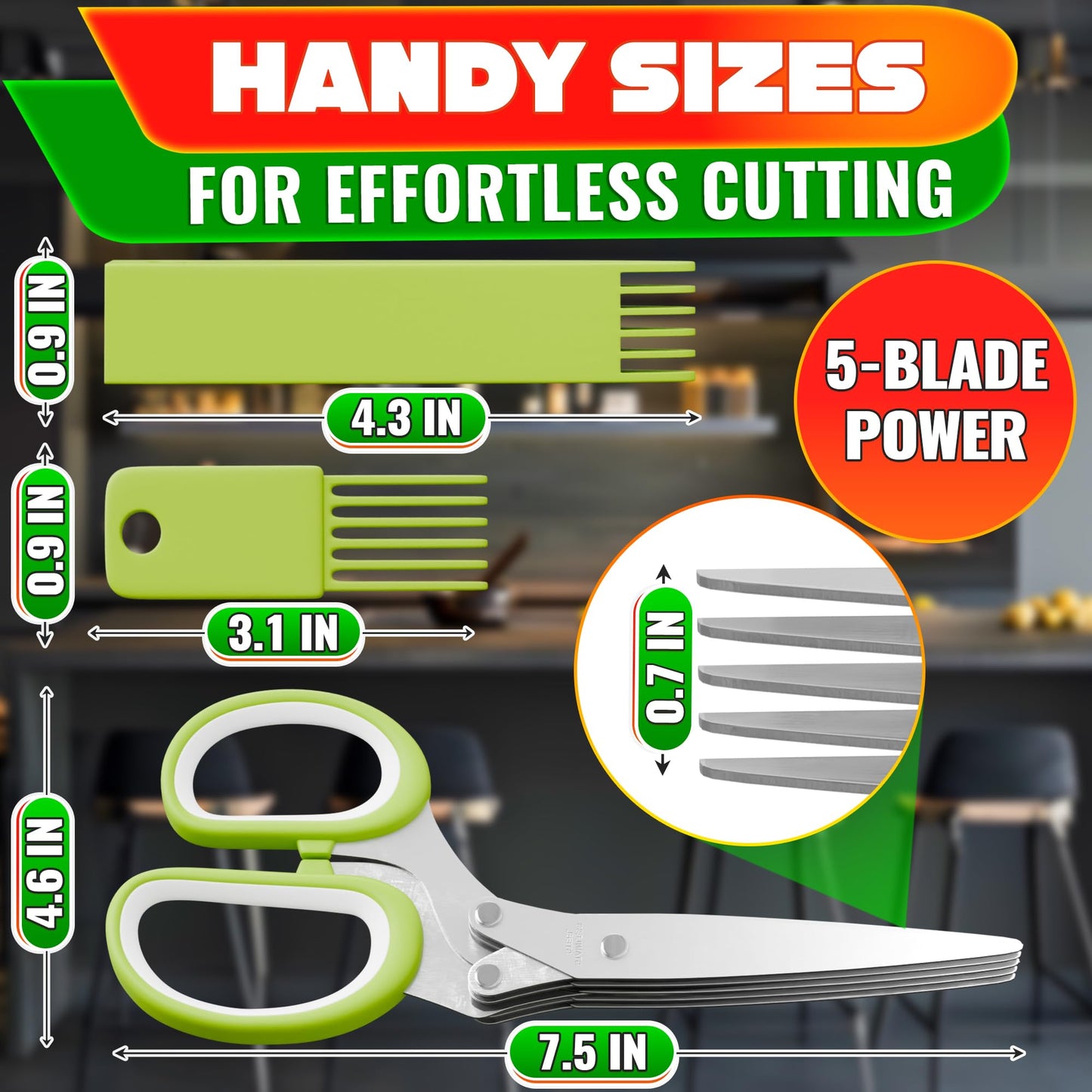 Herb Scissors with 5 Blades and Cover – Stainless Steel Herb Cutter for Fast & Precise Cutting, Compact, Easy-to-Store Design – Ergonomic Handle & Cleaning Brush for Quick and Comfortable Kitchen Prep