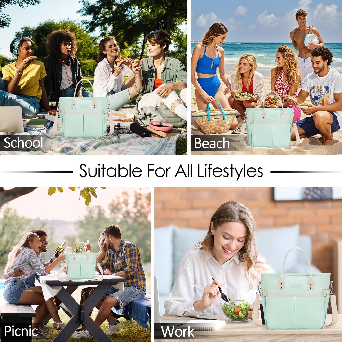 Lunch Bag Women for Work Insulated Thermal Lunch Box with Wide-Open Pocket Reusable Leakproof Lunch Cooler Bags with Removable Shoulder Strap for Adult Ladies Teacher Nurse in Office Picnic Travel