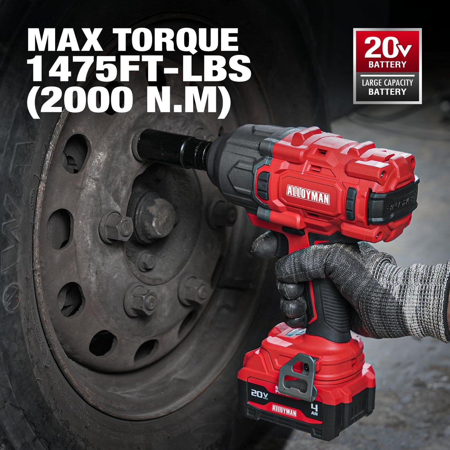 Alloyman Cordless Impact Wrench, 1475Ft-lbs (2000N.m) 1/2 High Torque Brushless Impact Gun, 20V Power Impact Driver, 4000mAh Battery,3 Sockets, Brushless Motor Variable Speeds for Car/Truck RV/Mower