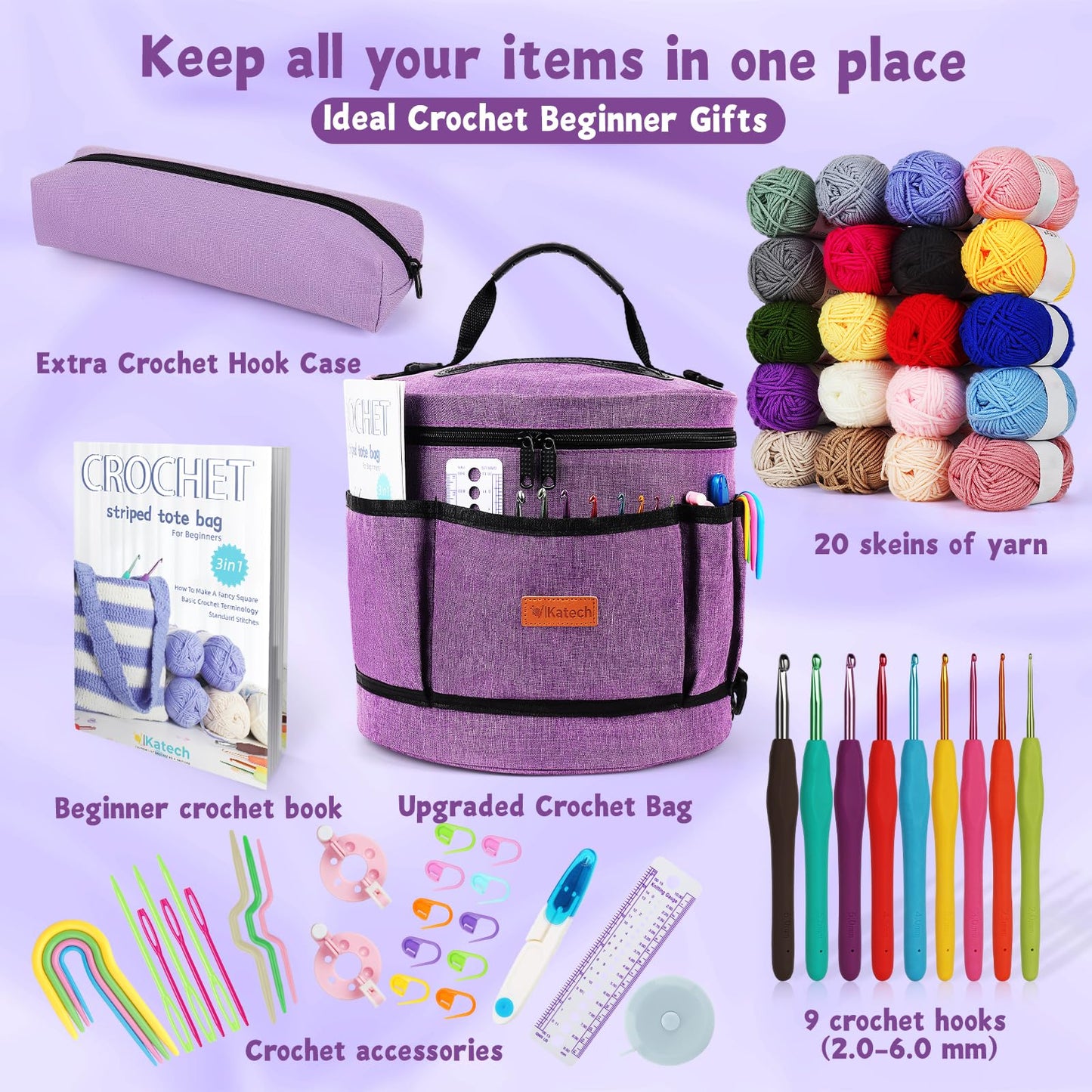Katech Crochet Kit for Beginners, Beginner Crochet Kit for Adults and Kids Crochet Kits Includes Crochet Hooks Knitting Bag Crochet Yarn for Crocheting Instruction Knitting Kit Crochet Supplies Gift