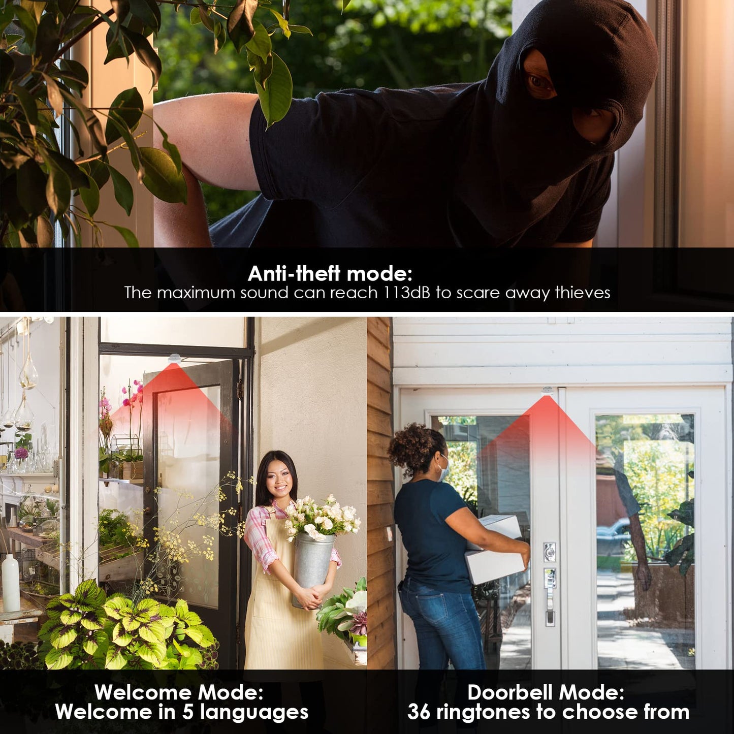 GREENCYCLE Door Sensor Chime, Motion Detector Alarm, Commercial Door Bells for Business Entry, Home Security Alert (918 Feet, 36 Tunes, 4 Volume Levels, LED Indicators), 2Receiver1Infrared Transmitter