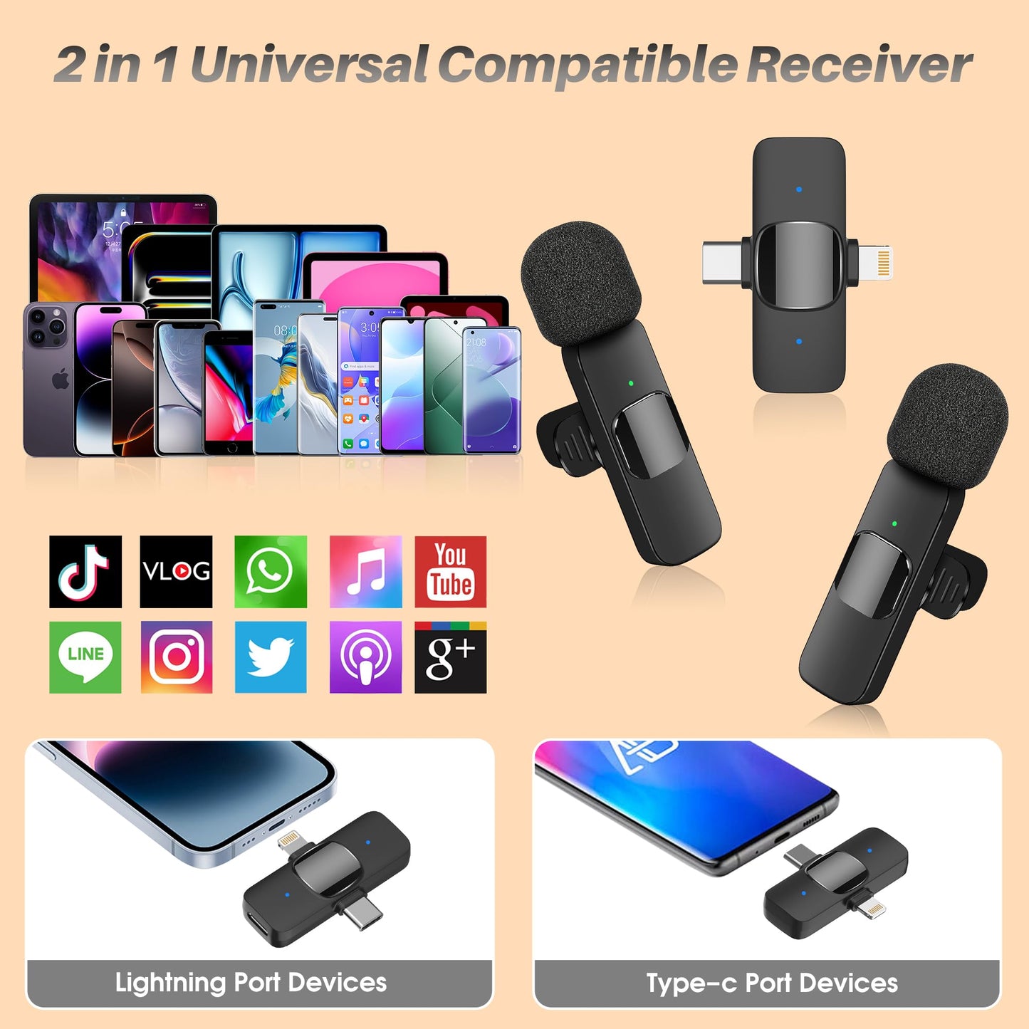2 in 1 Wireless Lavalier Microphone for iPhone iPad and Android Phone, Plug and Play Laple Mics with Noise Reduction, 65FT Range, Real-Time Sync Microphone for Video Recording, Streaming, Interviews