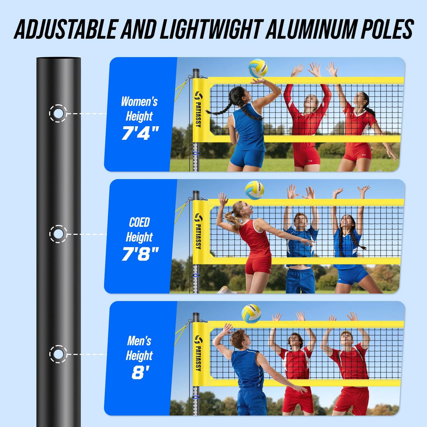Patiassy Portable Professional Outdoor Volleyball Net Set with Winch System, Adjustable Height Aluminum Poles, Volleyball with Pump and Carrying Bag for Backyard Beach