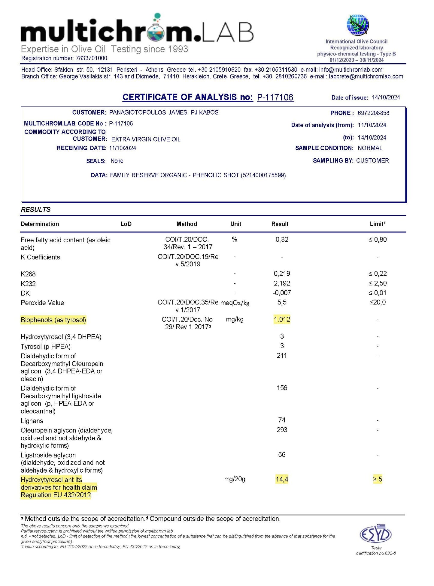 P.J. KABOS 2024/25 Harvest, Extremely High Phenolic (1000+ mg/kg), USDA Organic Greek Extra Virgin Olive Oil, Kosher, Greece, Cold Extracted, 16.9oz Bottle, PJ KABOS “Family Reserve Organic - Phenolic Shot” (6pack)