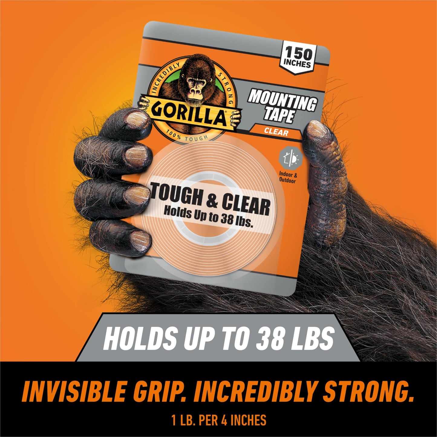 Gorilla Tough & Clear Double Sided Mounting Tape, Clear Tape, 1" x 150" (Pack of 1) - Weatherproof for Indoor or Outdoor