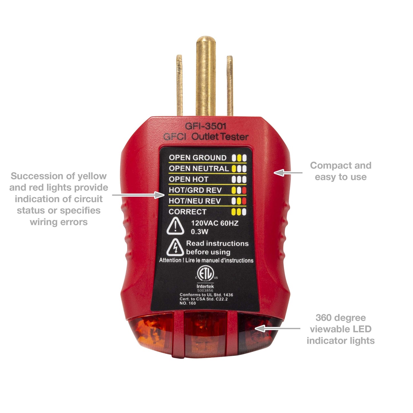 Gardner Bender GFI-3501 Ground Fault Receptacle Tester & Circuit Analyzer, 110-125V AC, for GFCI / Standard / Extension Cords & More, 7 Visual LED Tests , Red