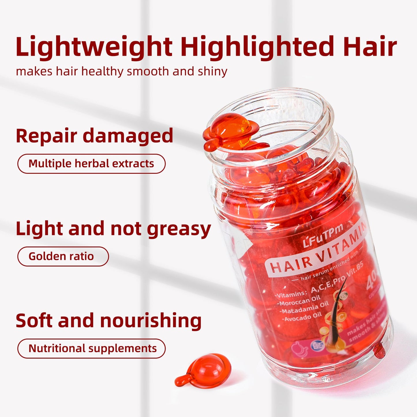 LFuTPm Hair Treatment Serum, 40 Capsules Hair Vitamins A, C, E, B5 - with Argan Macadamia & Avocado Oil for Damaged Hair Repair, Frizz Control, Healthy Hair Treatment for Women & Men