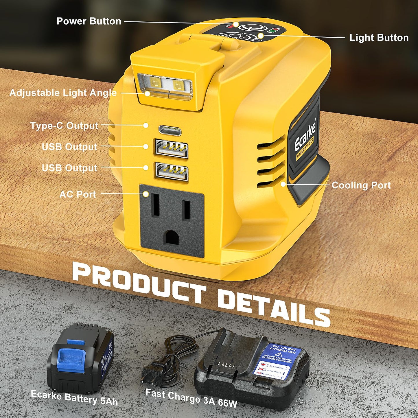 Power Inverter 200W Portable Power Station Generator Compatible with DeWALT, Ecarke Supply Charger Adapter with Dual USB,AC Outlet and Type-C with 5Ah Battery & Charger Station Kit