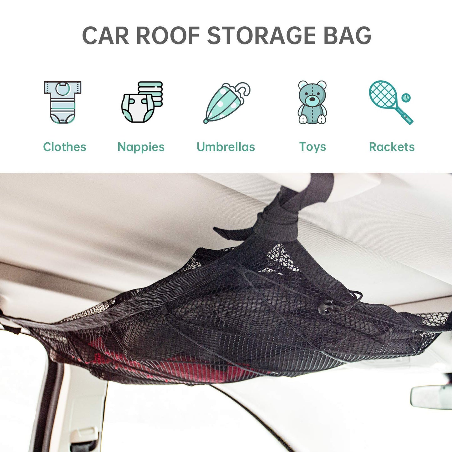 Kaskawise Car Ceiling Cargo Net Pocket,31"x21" Adjustable Double-Layer Mesh SUV Roof Organizer Long Trip Ceiling Storage Net,Car Camping Cargo Net for SUV,Van Life Accessories
