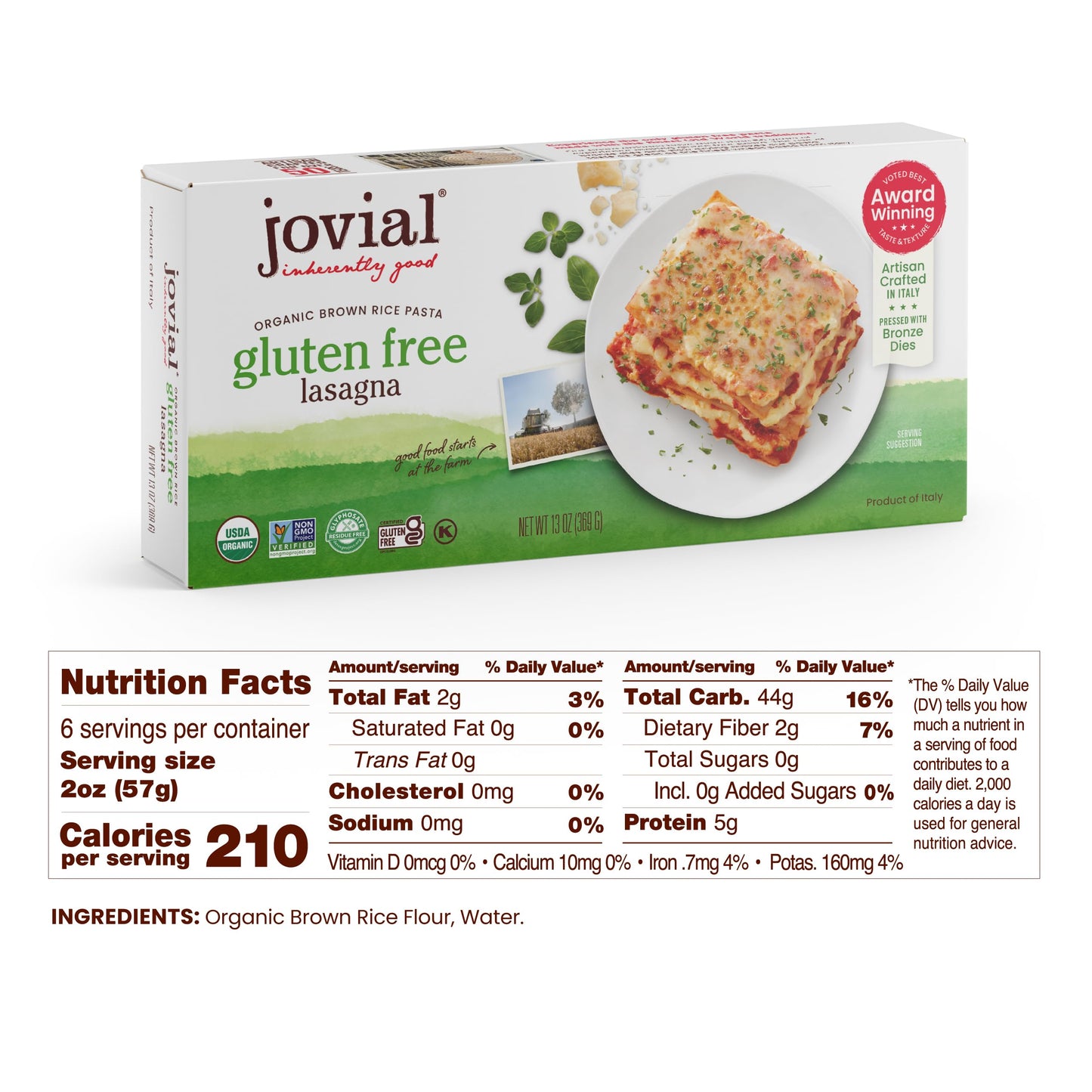 Jovial Gluten Free Lasagna Noodles - Organic Brown Rice Lasagna Pasta, Whole Grain Pasta, Dairy Free, Glyphosate Free, Made in Italy - 9 Oz, 2 Pack