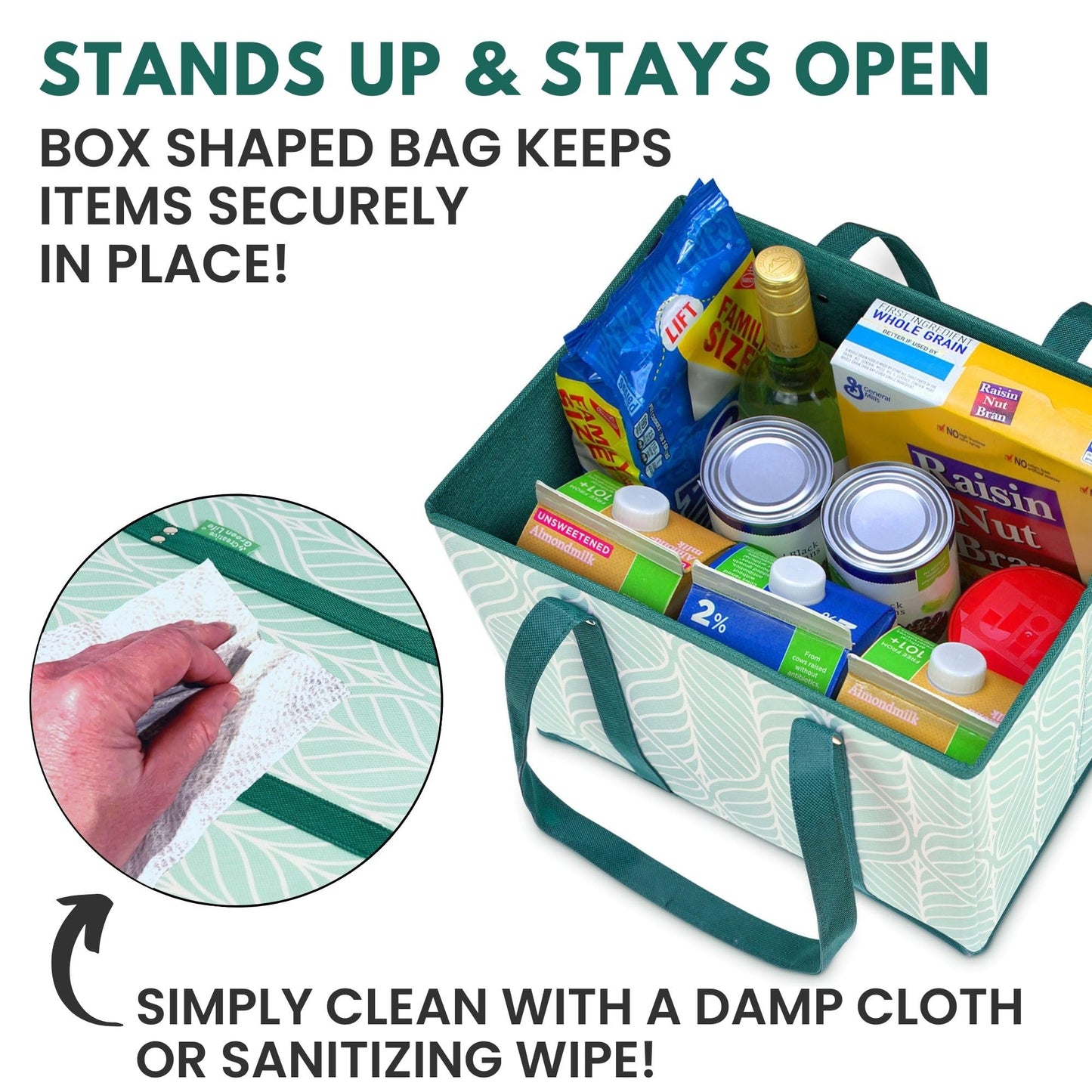 Reusable Grocery Bags (3 Pack) – Heavy Duty Reusable Shopping Bags for Groceries with Box Shape to Stand Up, Stay Open, Fold Flat – Large Tote-Bag is Foldable with Long Handles & Hard Bottom (Green)