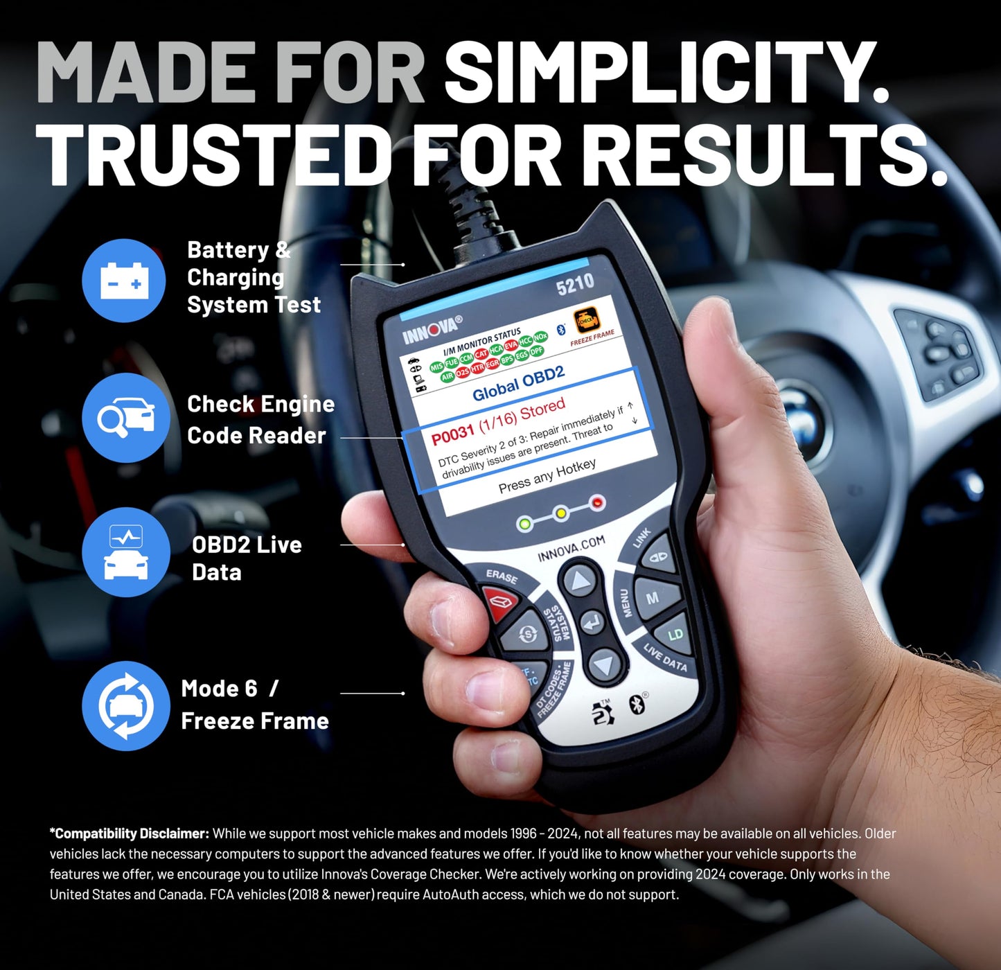 Innova 5210 OBD2 Scanner & Engine Code Reader, Battery Tester, Live Data, Oil Reset, Car Diagnostic Tool for Most Vehicles, Bluetooth Compatible with America's Top Car Repair App