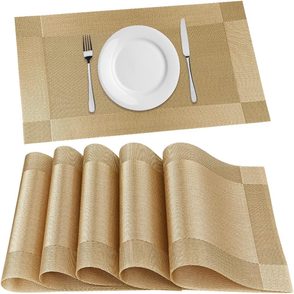 Placemats Set of 6, Place Mats for Kitchen Dining Table, Heat-Resistant Anti-Skid Stain Washable PVC Table Mats, Easy to Cleaning Woven Vinyl Dinner Mats