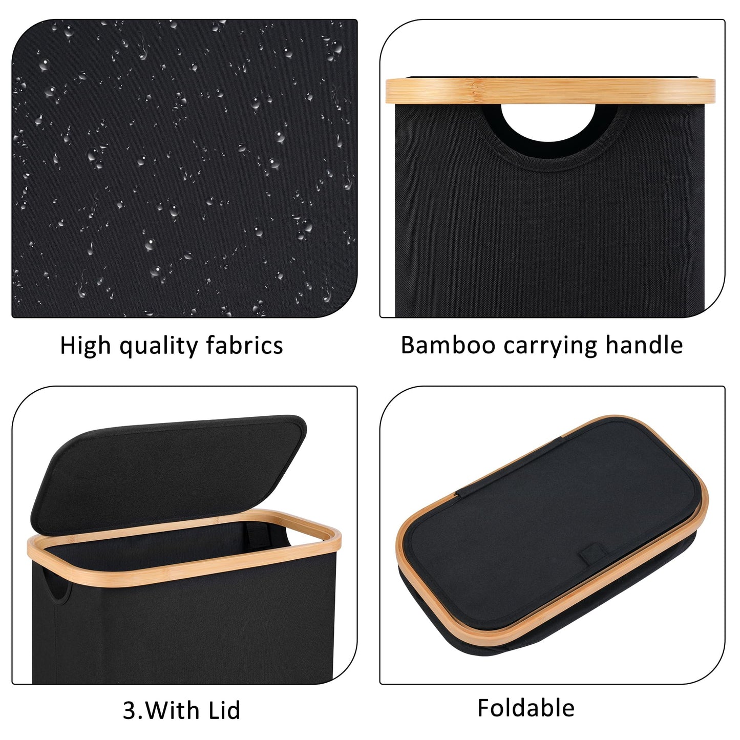 Merkisa 60L Slim Laundry Hamper,Laundry Basket with Lid,Tall Hamper for Laundry,Dirty Cloth Hamper with Bamboo Handle for Toys,Towels, Clothes Organizing,Black