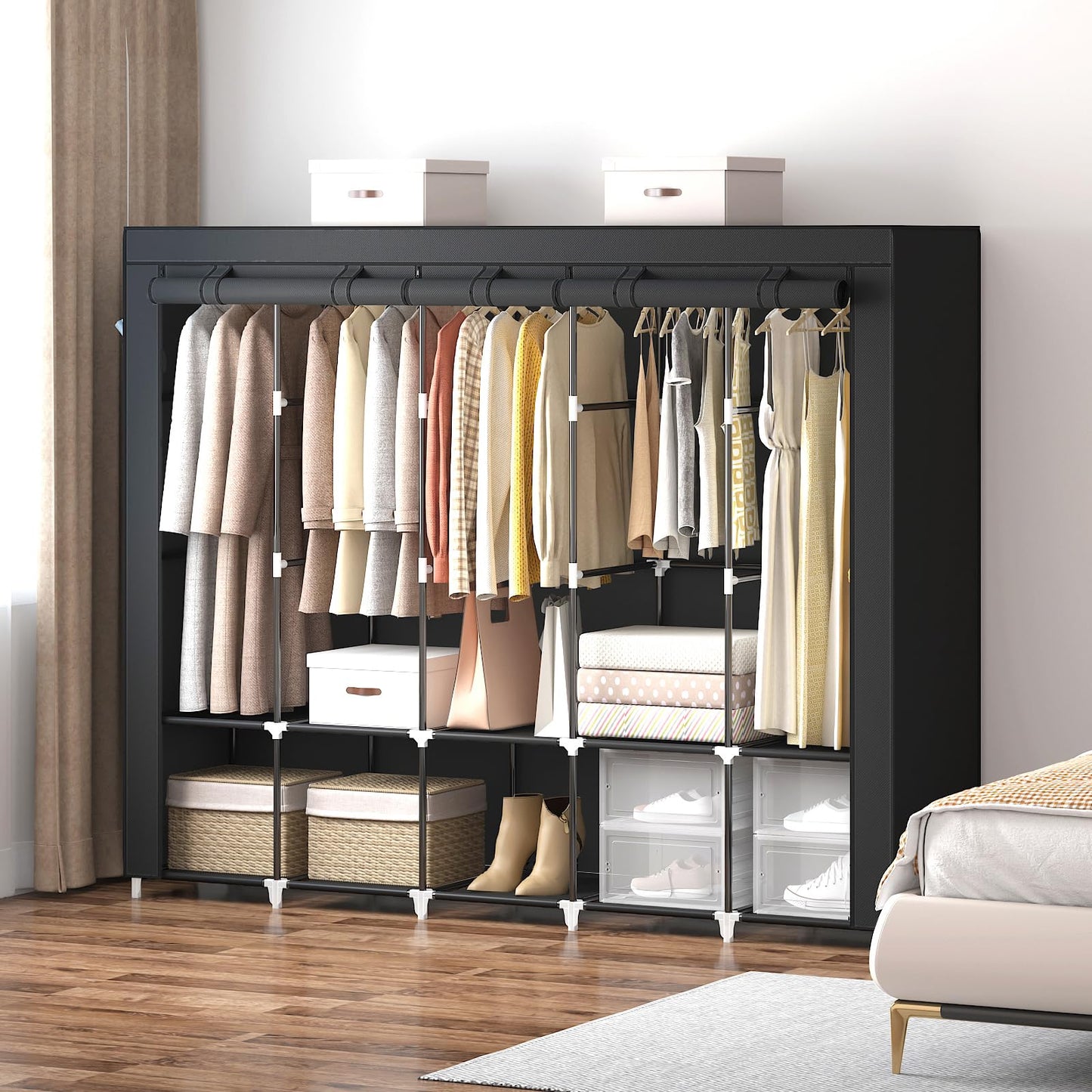 MOGELAFOO 83 Inch Wide Portable Closet Wardrobe, Clothes Storage Rack Organizer with Cover, Side Pockets, 5 Clothes Hanging Rods and 10 Storage Shelves, Black