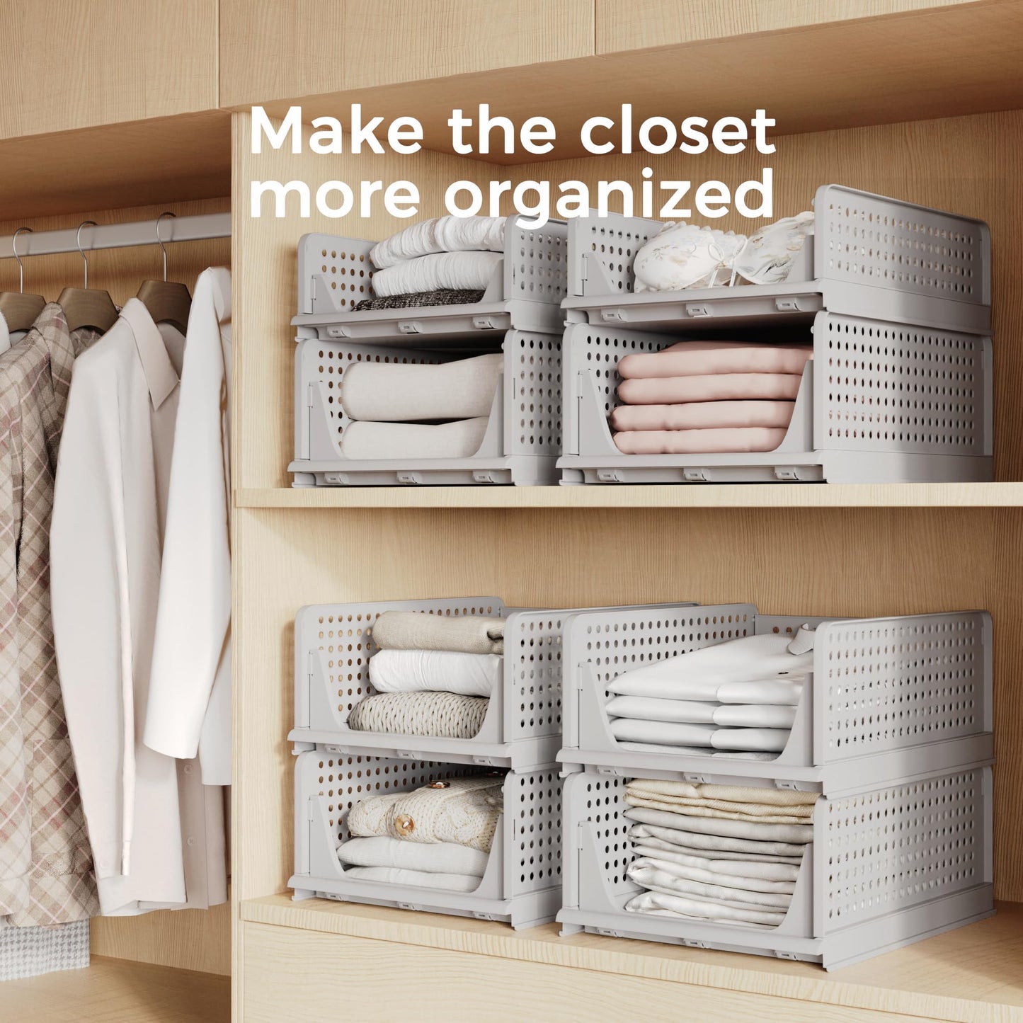 Pinkpum 5 Pack Folding Closet Organizers Storage Box, Stackable Plastic Drawer Basket for Clothing, Stackable Storage Bins Shelf Storage Container for Closet Wardrobe Bedroom Bathroom Office (Grey)