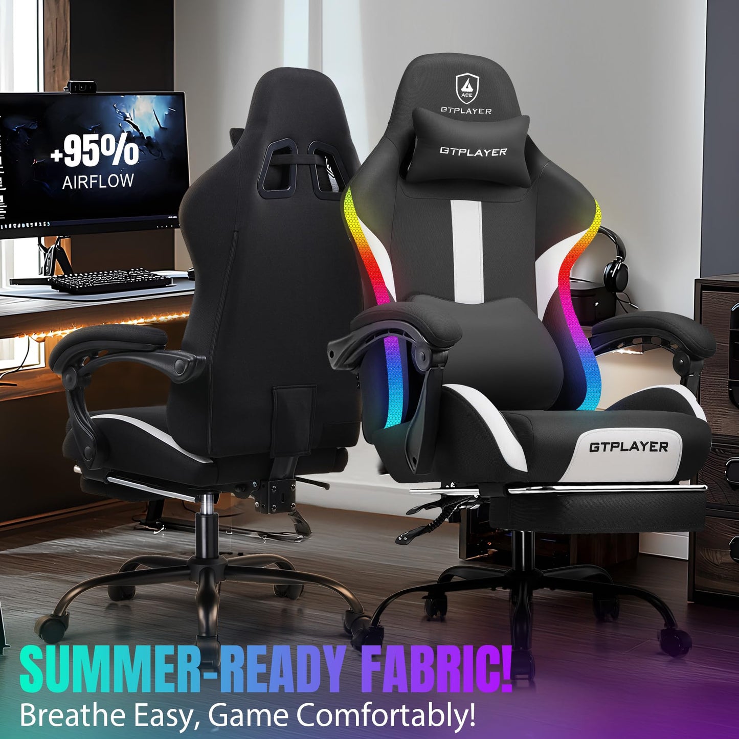 GTRACING Gaming Chair with Foot Rest & Racing Style RGB LED Lights, Breathable Fabric for Home Office Desk, Ergonomic High Back Computer Chair with Headrest & Lumbar Support, RGB Black