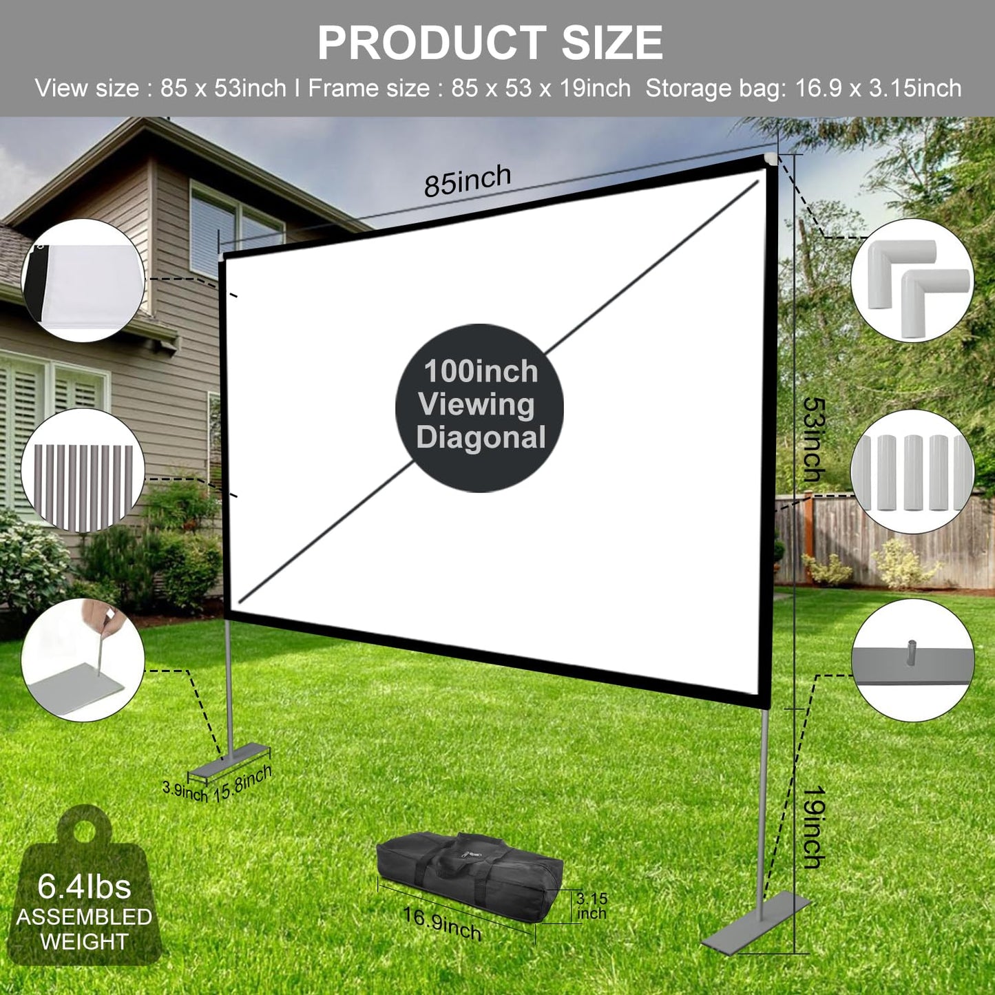 Outdoor Projector Screen with Stand 100 Inch: Portable Projection Screen 16:10 4K HD Outdoor Movie Screen with Carry Bag for Home Backyard Theater
