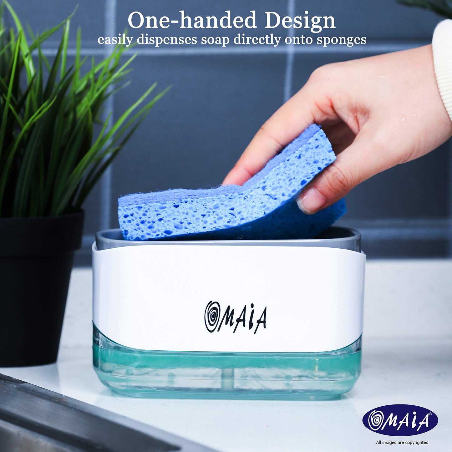 OMAIA 2-in-1 Dish Soap Dispenser with Sponge Holder - Smart Kitchen Gadget - Sink Countertop Organizer