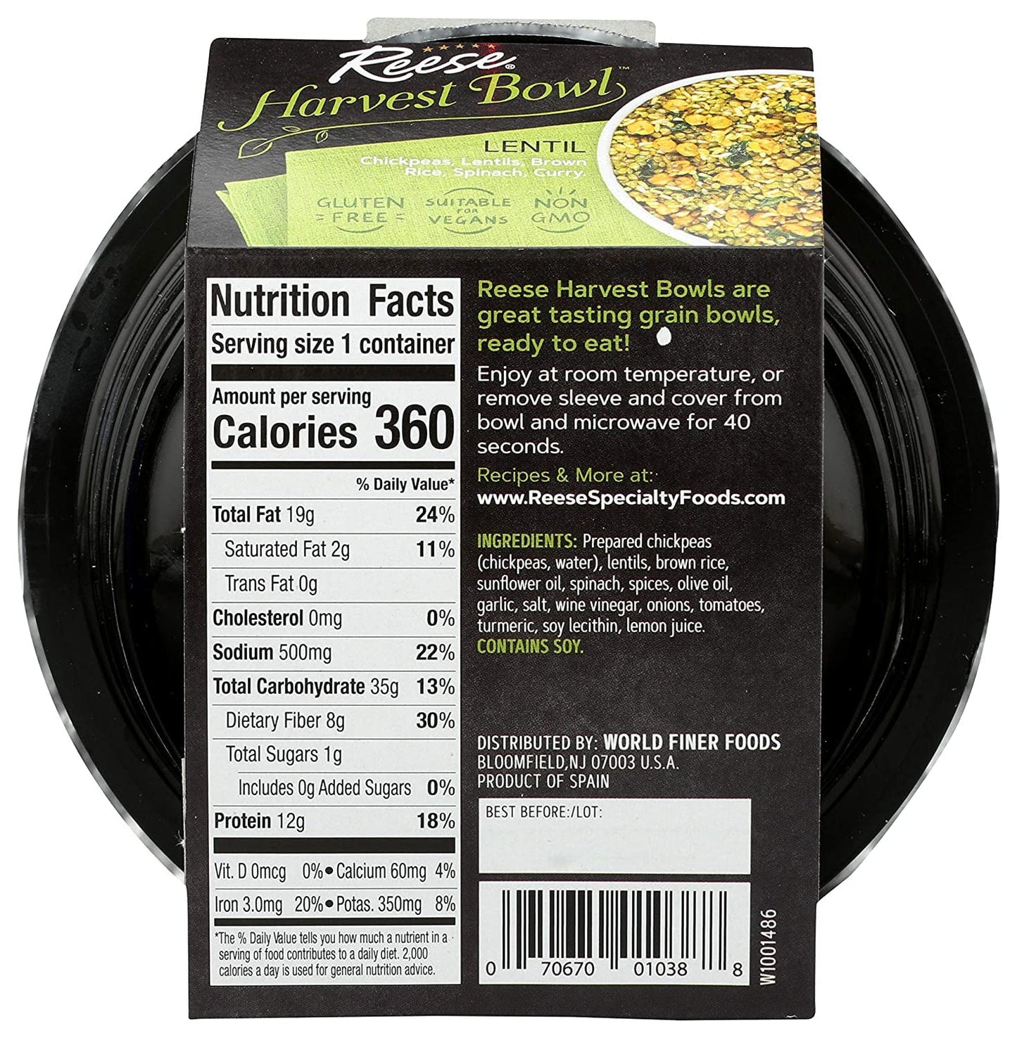 Reese Lentil Harvest Bowl | Chickpeas, Brown Rice, Spinach | High in Fiber & Protein (Pack of 8)